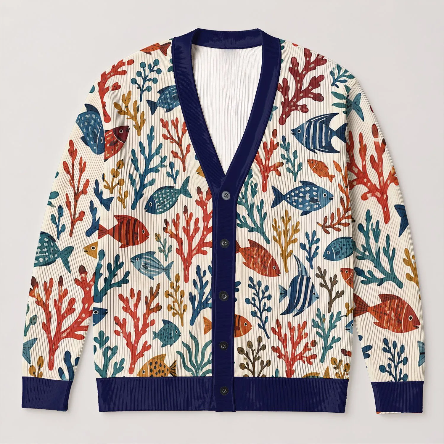 Colorful Fish and Coral Motifs for Coastal Weekend Layering and Ocean Style All-over Print Knitted Cardigan - 1