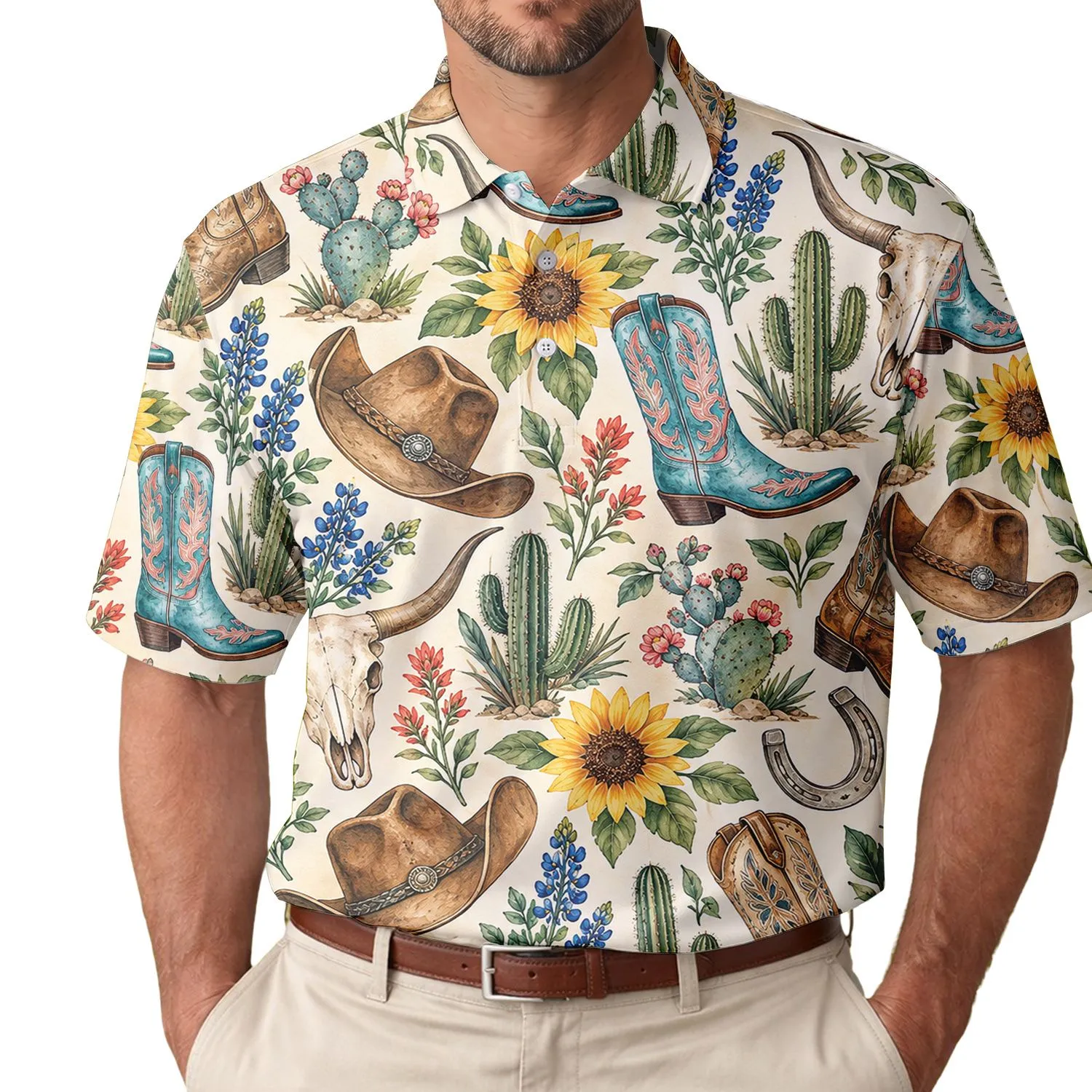 Western Cowboy Boots, Hats & Cactus for Summer Golf and Vacation Style for Women Men's Polo Shirt - 1