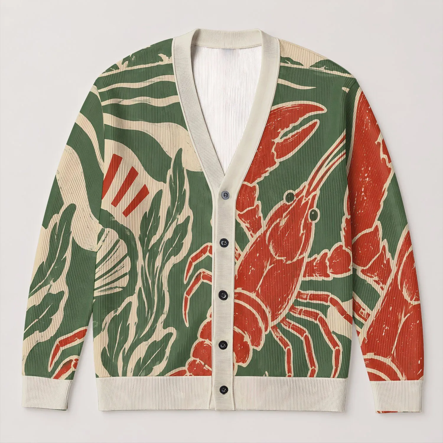 Red Crayfish Coastal Layering for Weekend Outings and Relaxed Everyday Wear All-over Print Knitted Cardigan - 1