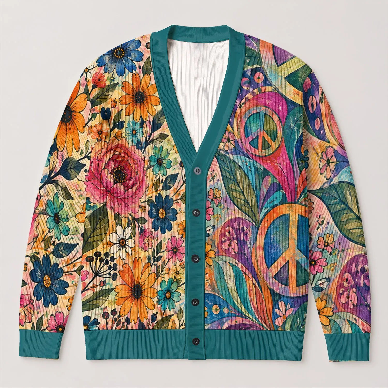 Colorful Floral Peace Sign Boho Layers For Everyday Festival And Weekend Style All-over Print Knitted Cardigan - 1