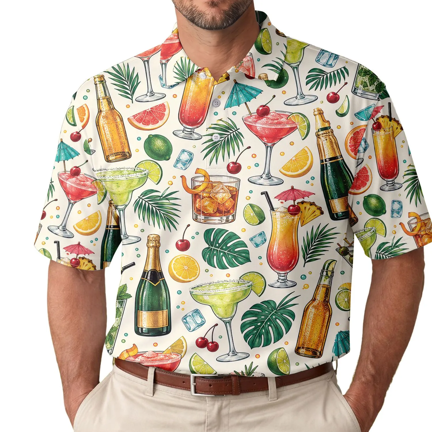 Cocktail Glasses and Bottles for Tropical Resort Golf Days, Women's Vacation Style Men's Polo Shirt - 1