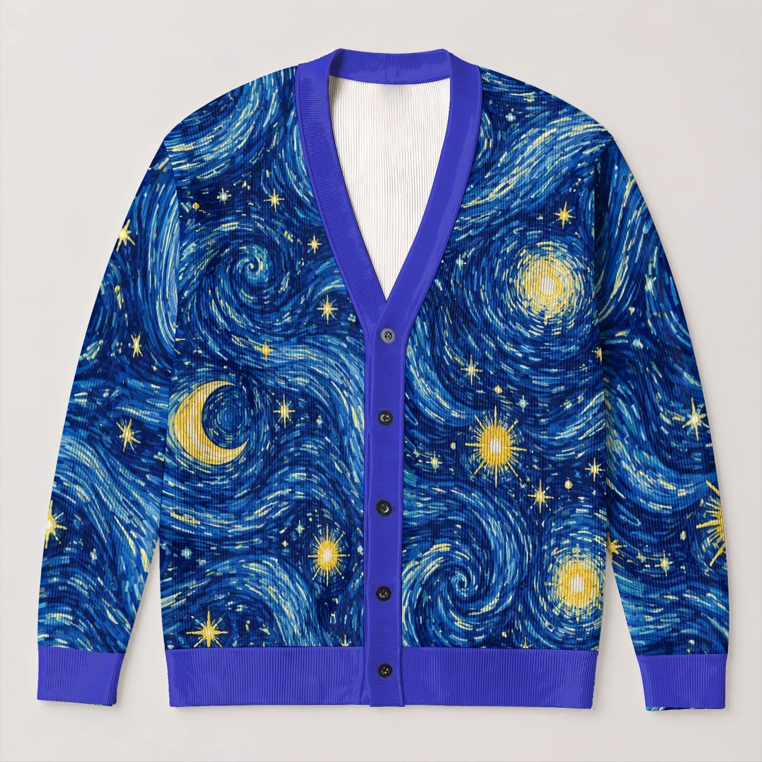 Swirling Cobalt Night Sky With Golden Stars For Casual Layering And Travel, Men All-over Print Knitted Cardigan - 1