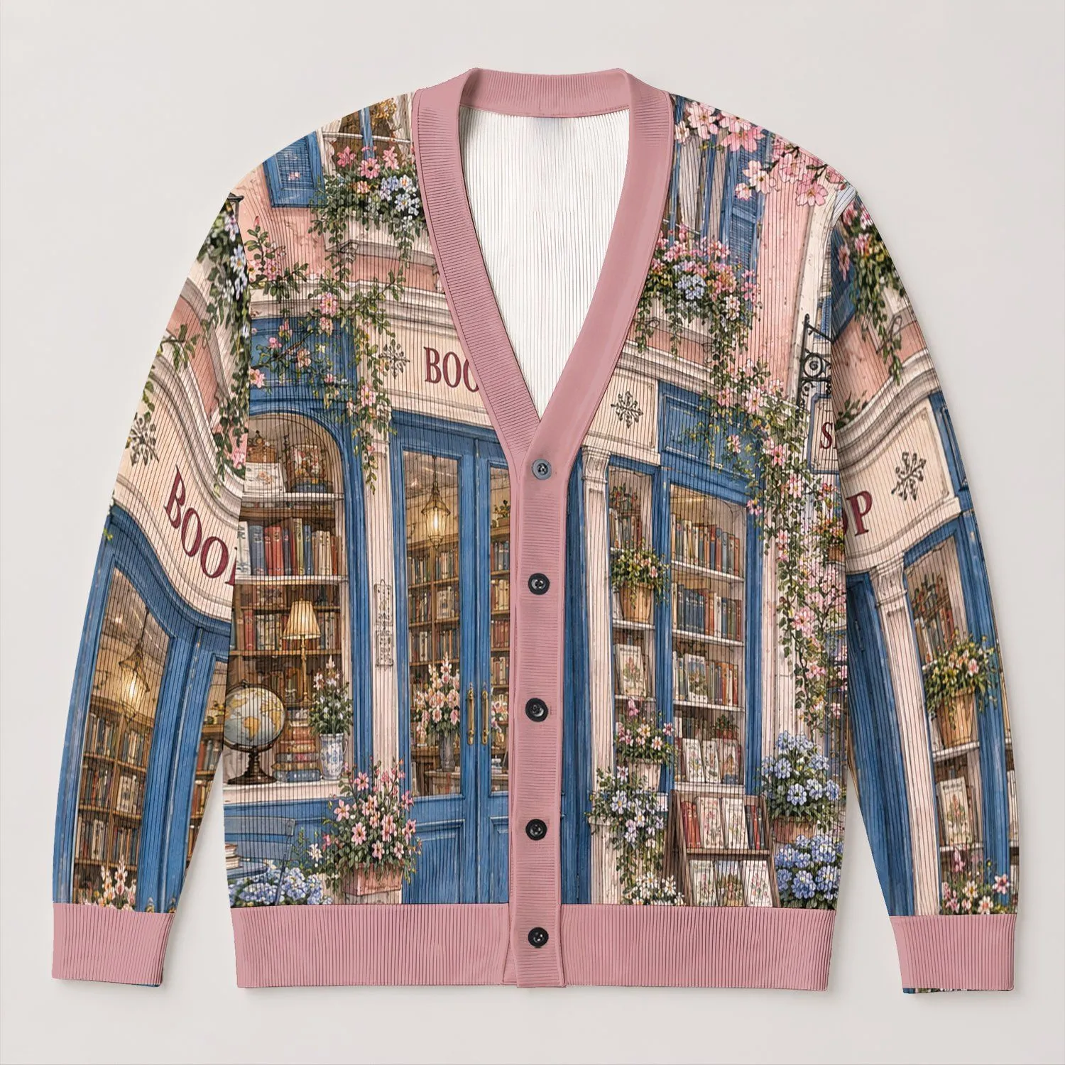 Cherry Blossom Bookstore Scene for Cozy Reading Days, Study Nooks, and Layering All-over Print Knitted Cardigan - 1