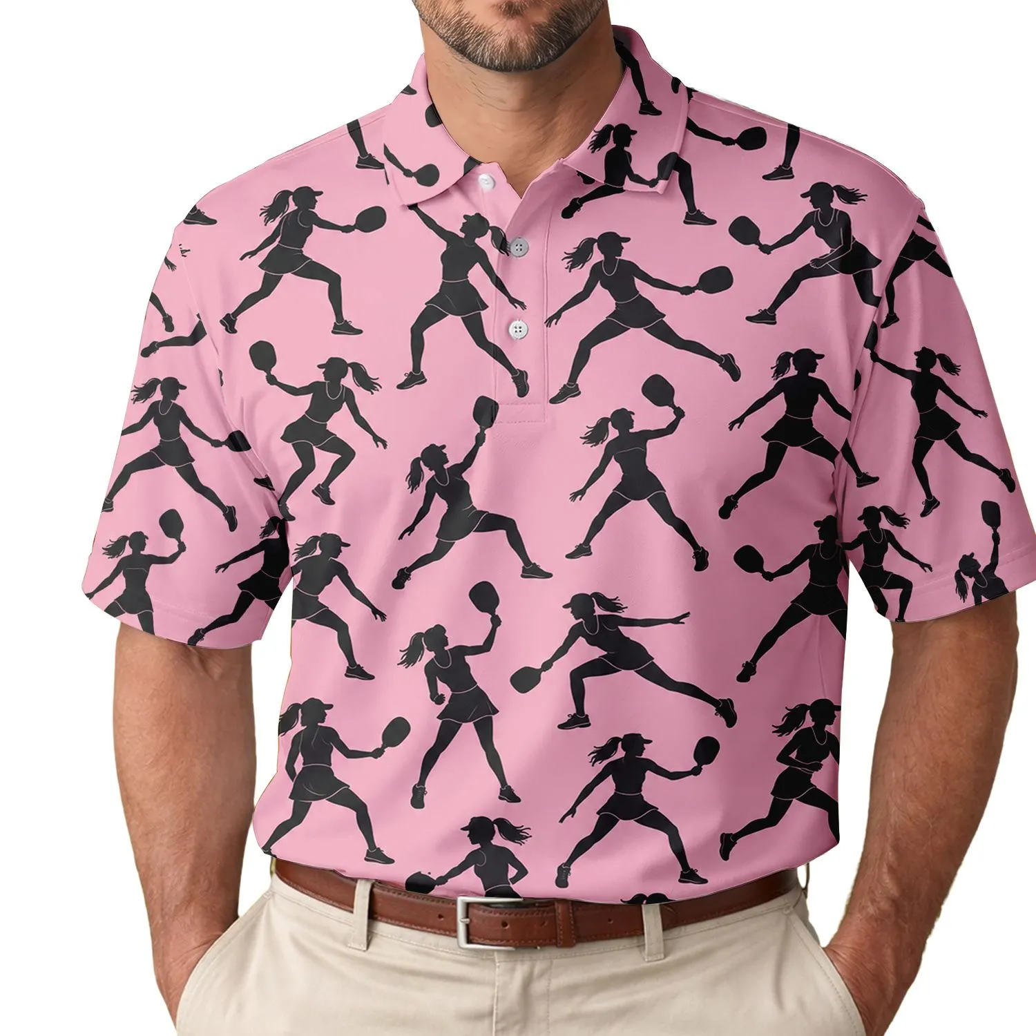 Pink Pickleball Player Silhouettes for Summer Court Days and Active Women Athletes Men's Polo Shirt - 1