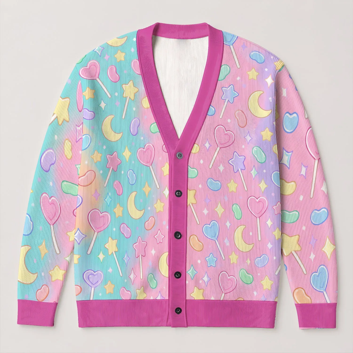 Pastel Candy Moon Star Motifs for Playful Everyday Layering, Giftable Unisex Style All-over Print Knitted Cardigan - 1