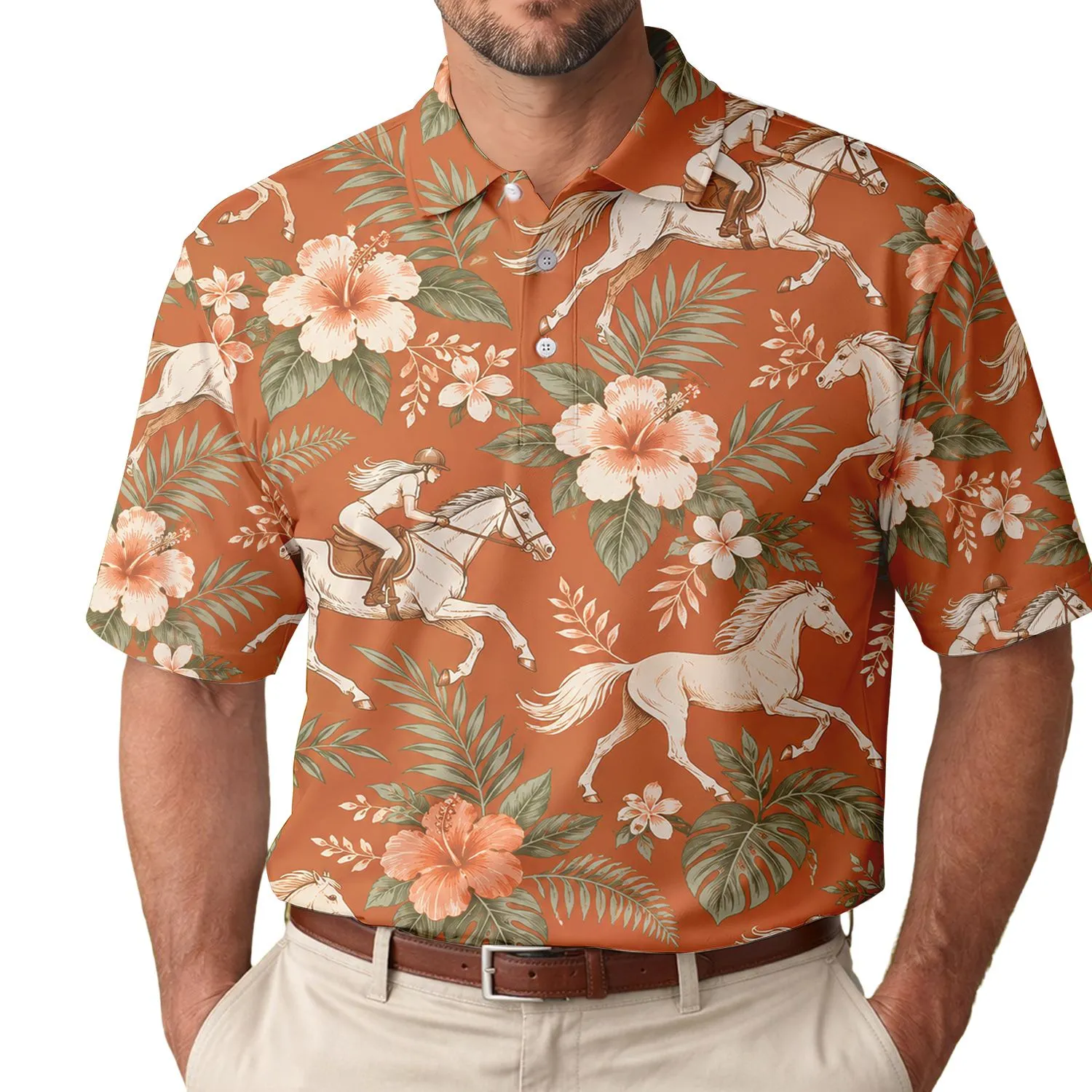Orange Equestrian Horse Floral Style for Summer Golf and Horse Lover Weekend Outings Men's Polo Shirt - 1