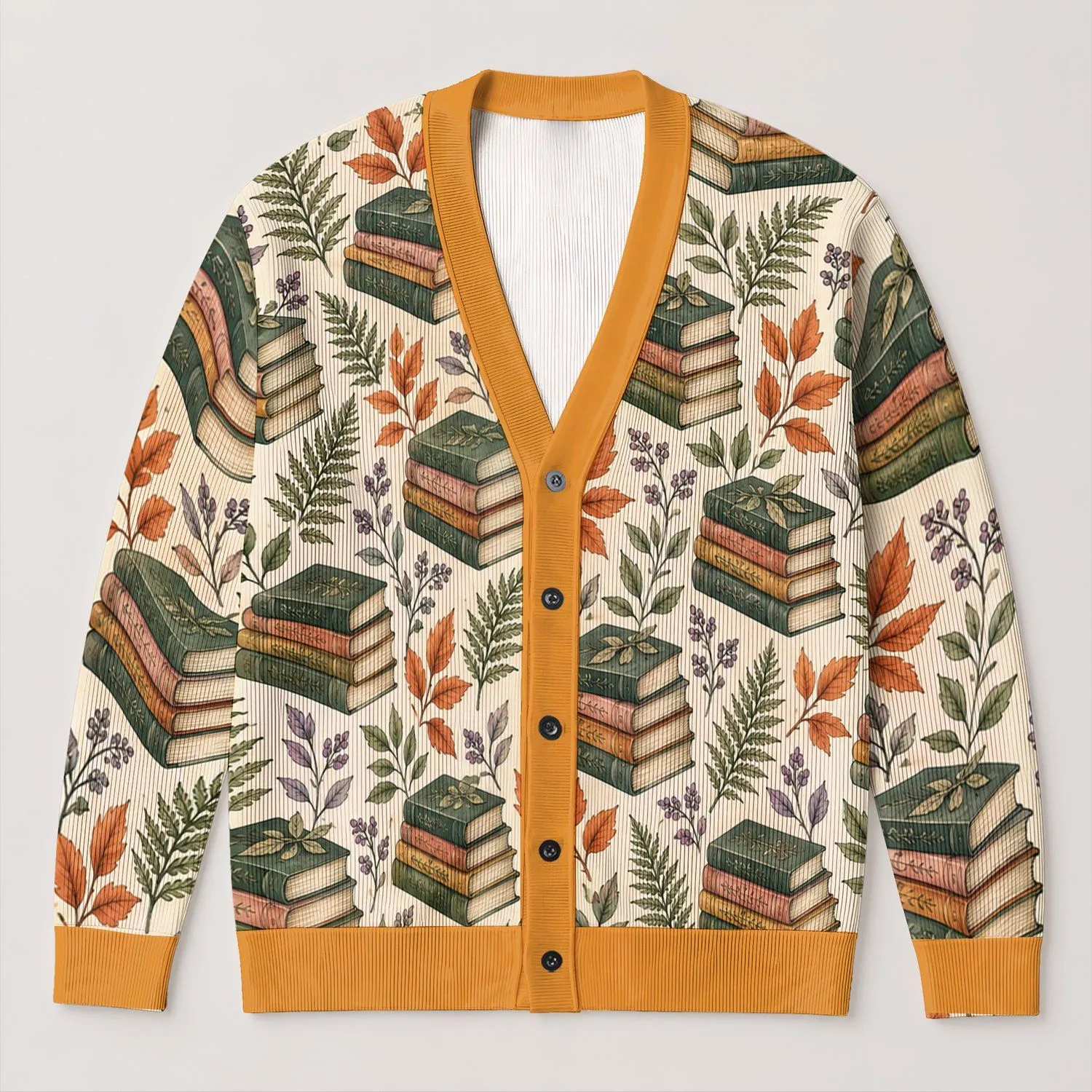 Stacked Books and Autumn Foliage for Cozy Library Weekends and Everyday Layering Style All-over Print Knitted Cardigan - 1