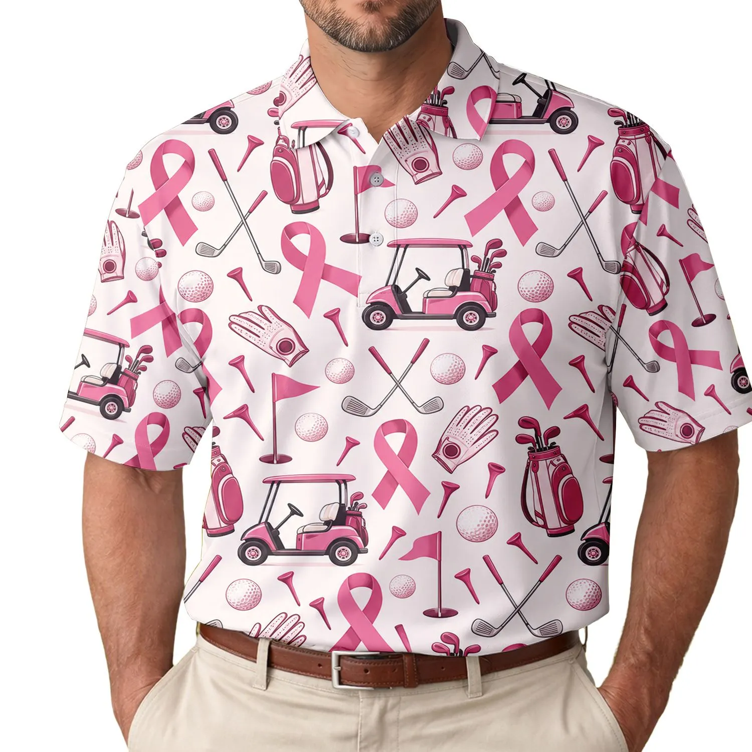 Pink Ribbon Golf Icons for Breast Cancer Awareness Country Club Style for Women Golfers Men's Polo Shirt - 1