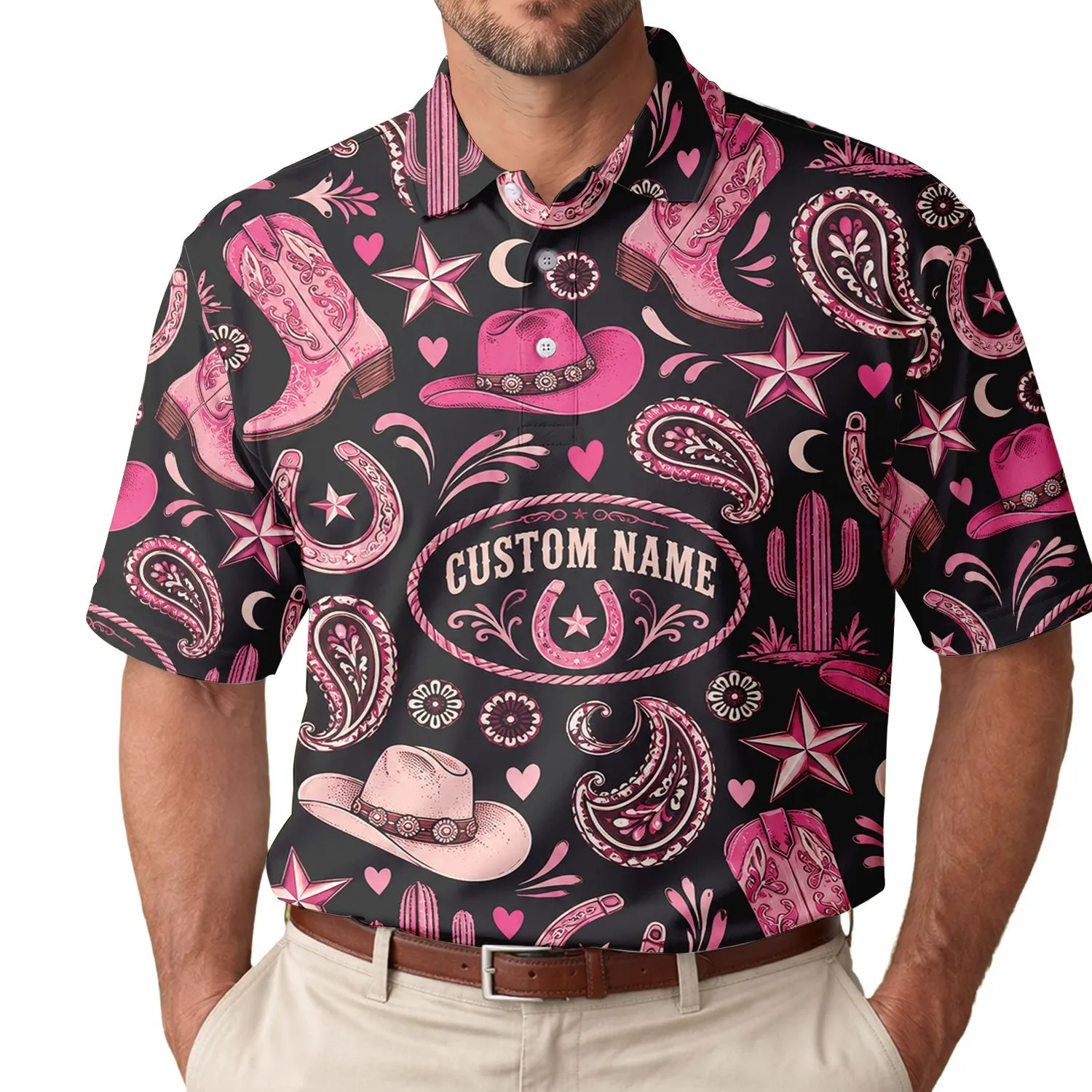 Pink Western Cowgirl Motifs for Summer Golf Days and Country Club Style for Women Men's Polo Shirt - 1