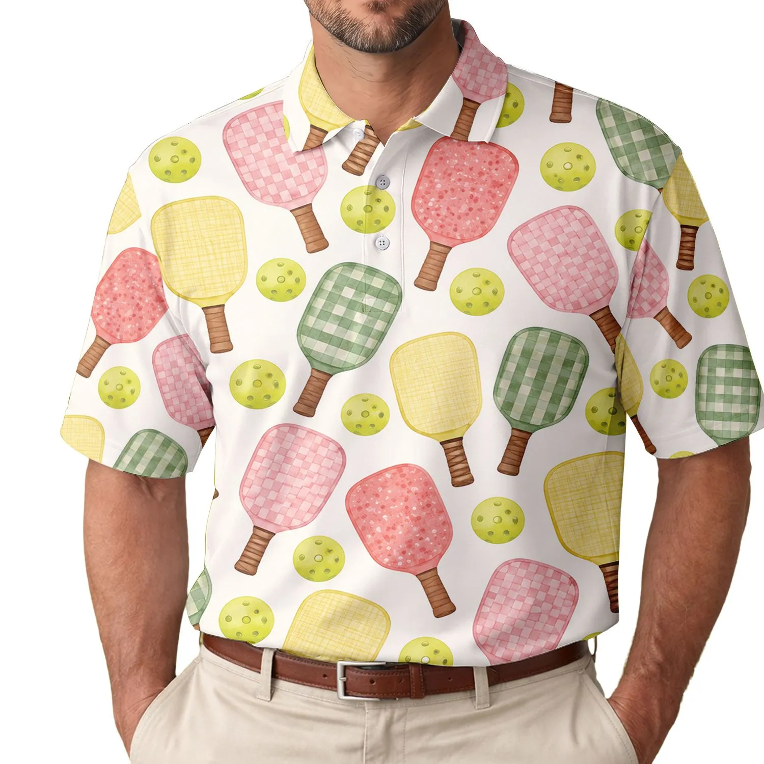 Colorful Pickleball Paddles And Balls For Summer Court Days And Active Women Players Men's Polo Shirt - 1