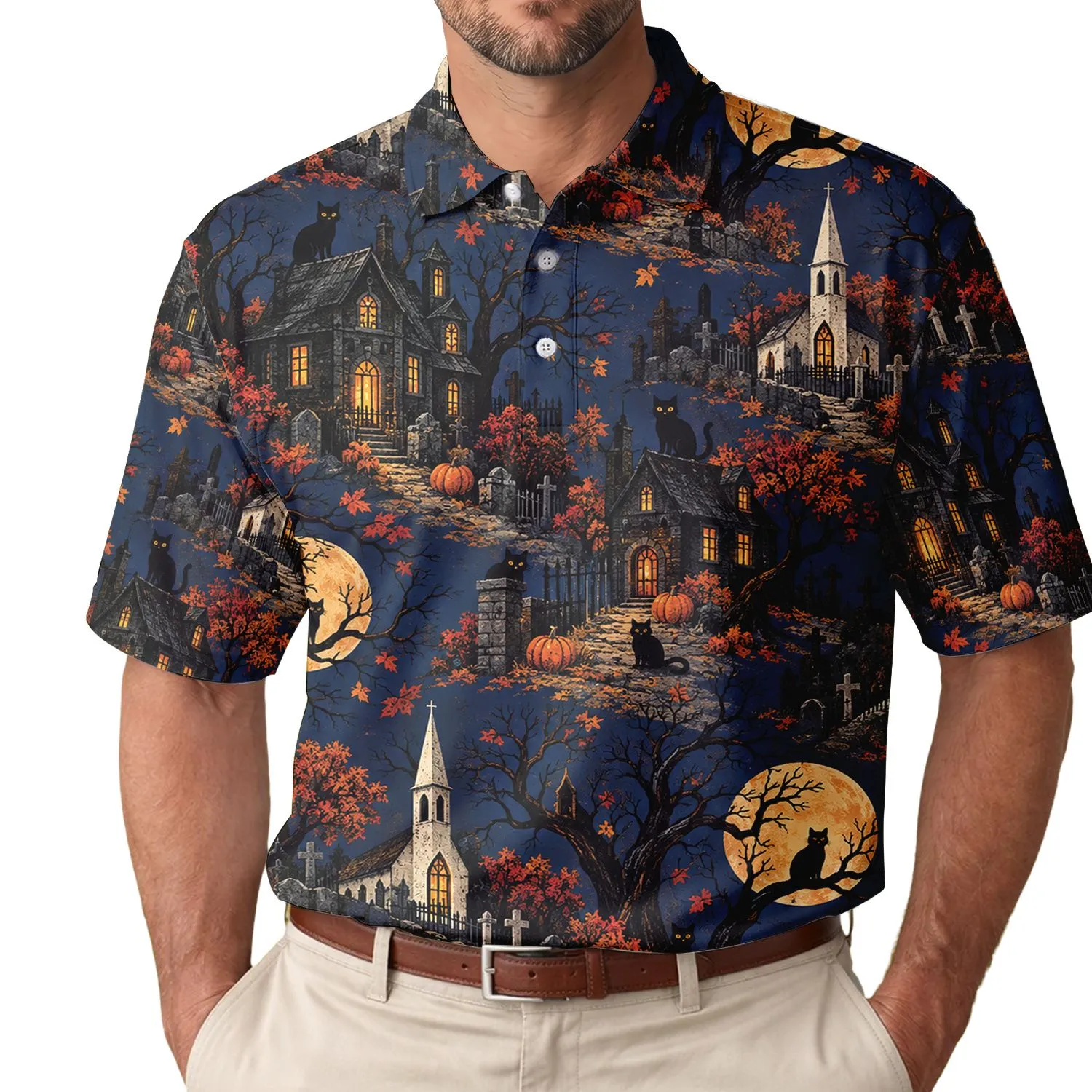 Haunted Village Black Cats Autumn Night Halloween Golf Outing Gift For Men And Women Men's Polo Shirt - 1