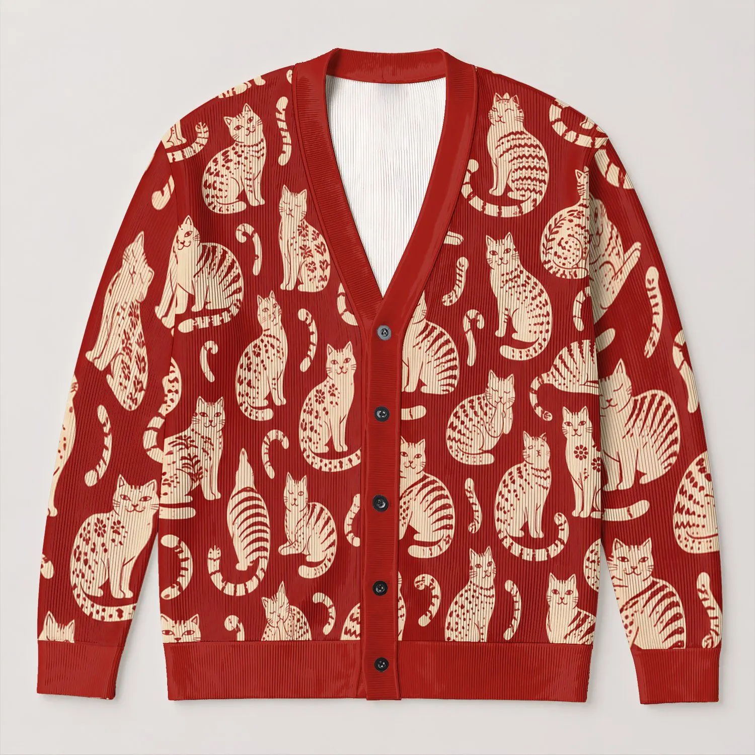 Red And Cream Cat Motifs For Cozy Autumn Layering And Relaxed Everyday Wear, Cat Lovers All-over Print Knitted Cardigan - 1