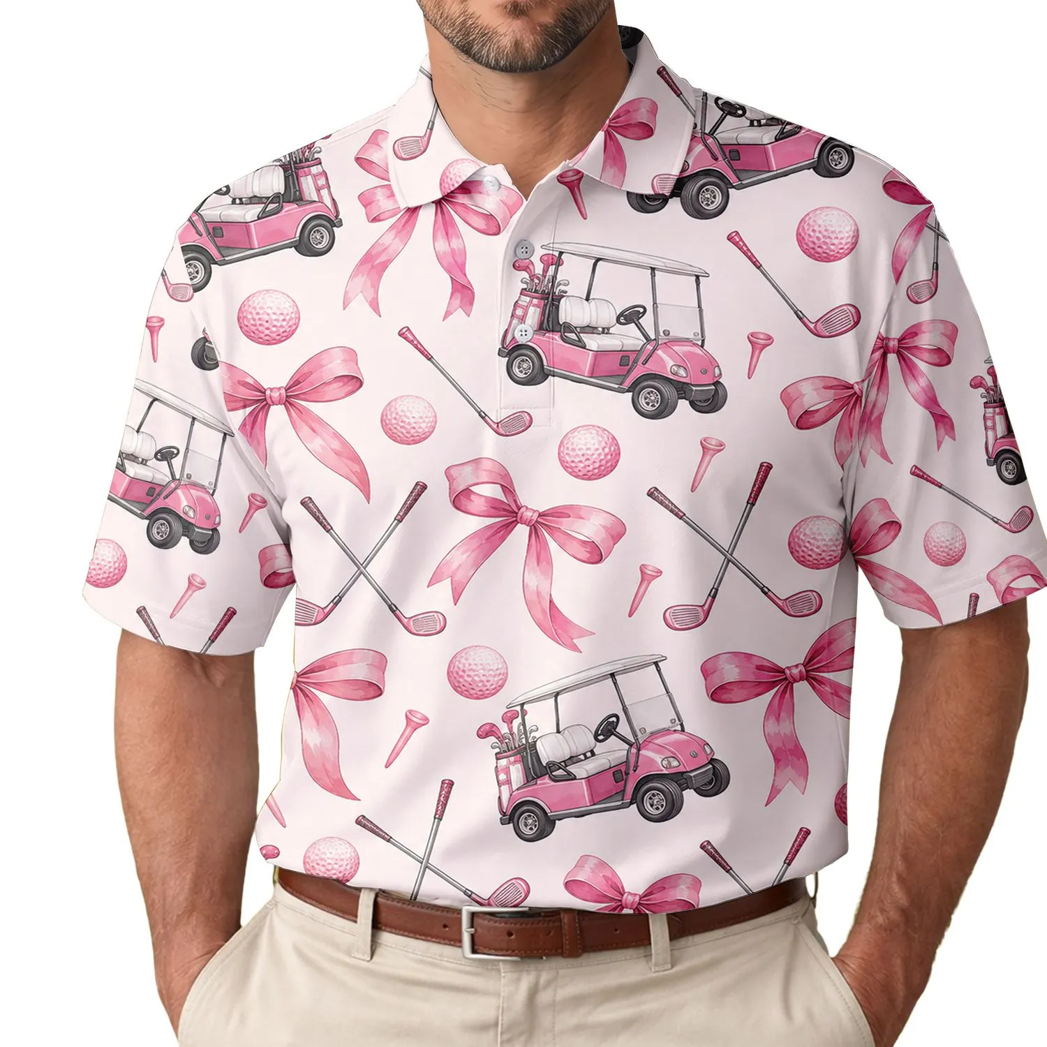 Pink Bows, Golf Clubs, Carts and Balls for Girly Country Club Summer Style Lovers Men's Polo Shirt - 1