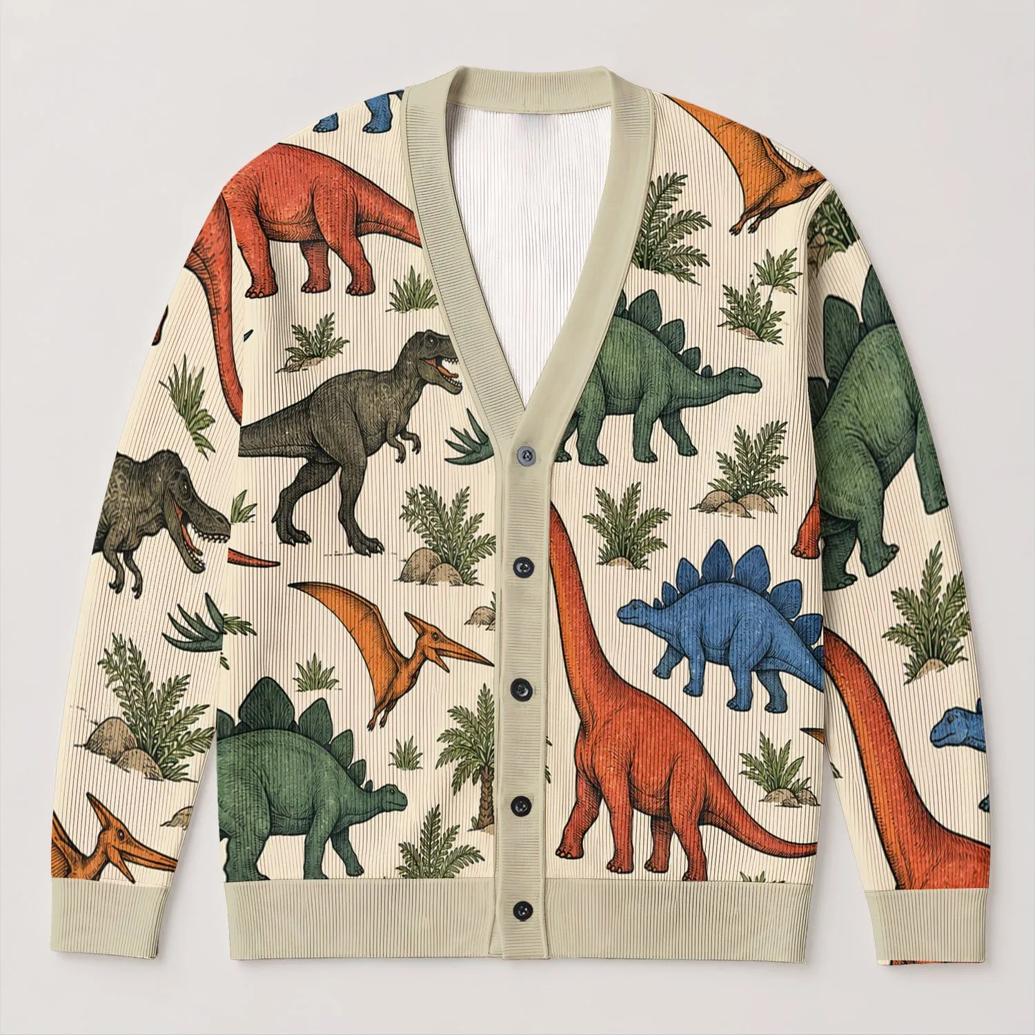 Vintage Dinosaur Motifs for Casual Weekend Layering and Everyday Adventure Style Wear All-over Print Knitted Cardigan - 1