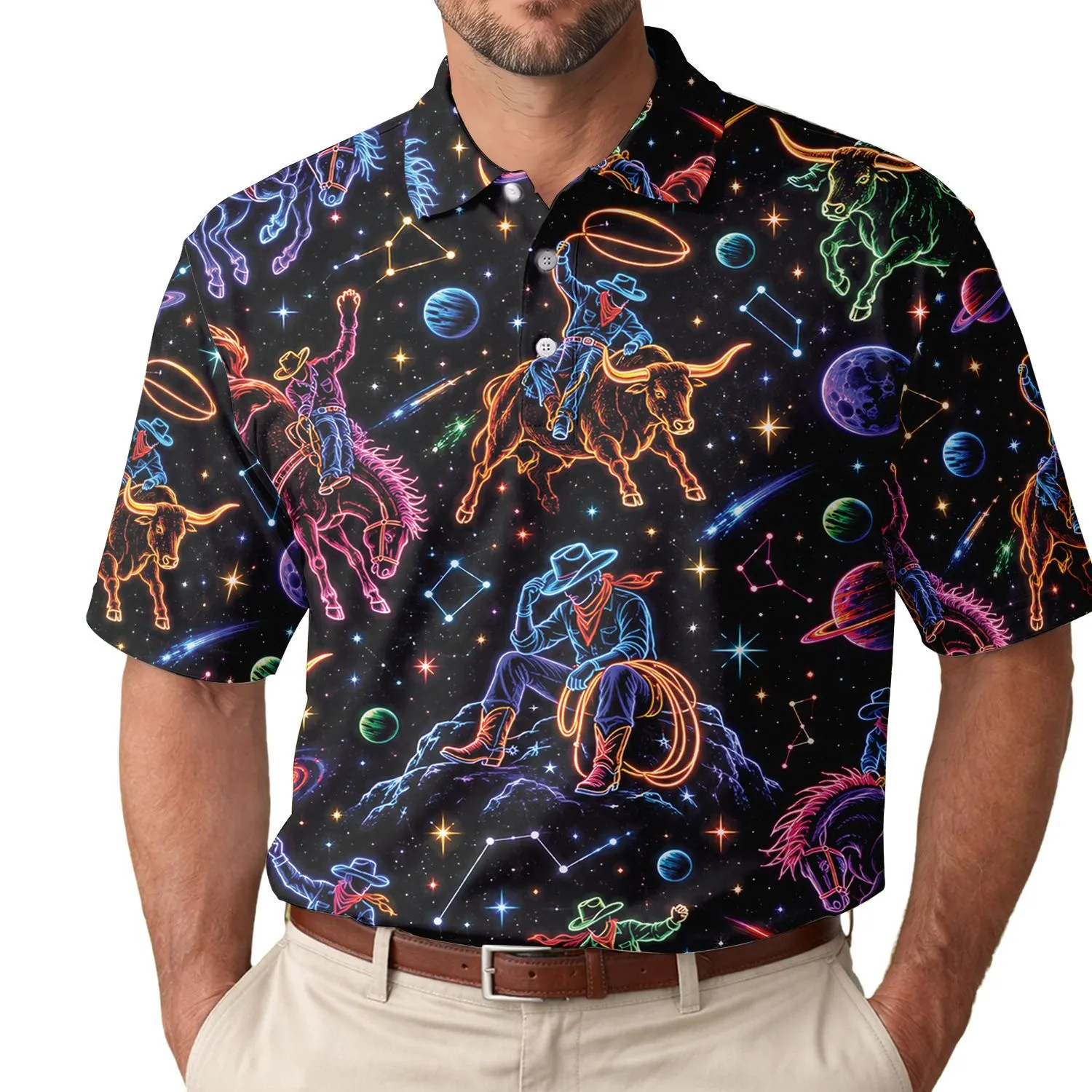 Neon Cosmic Cowboy Rodeo Scene For Beach Vacations, Festivals, And Summer Nights Men's Polo Shirt - 1