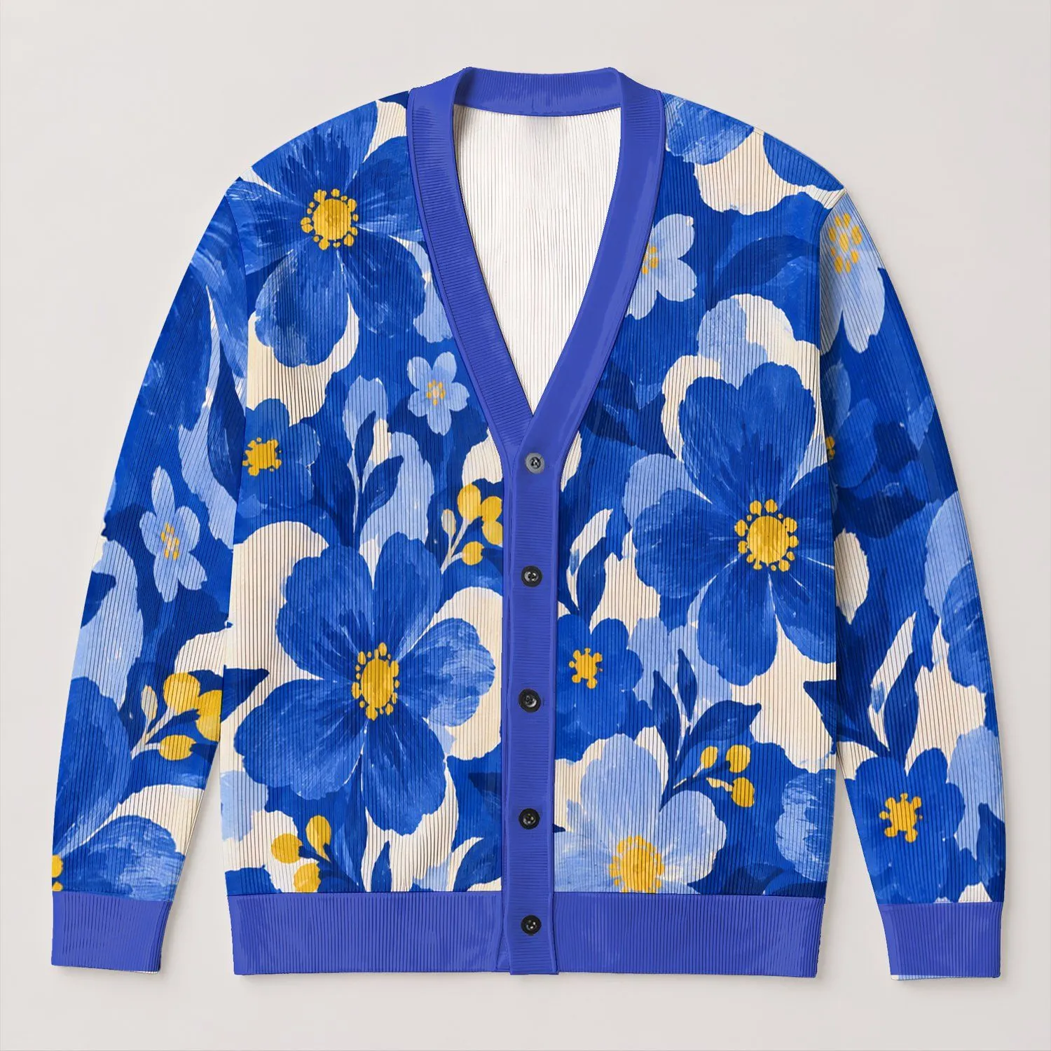 Cobalt Blue Floral Blossoms with Golden Accents for Everyday Spring Layering Women All-over Print Knitted Cardigan - 1