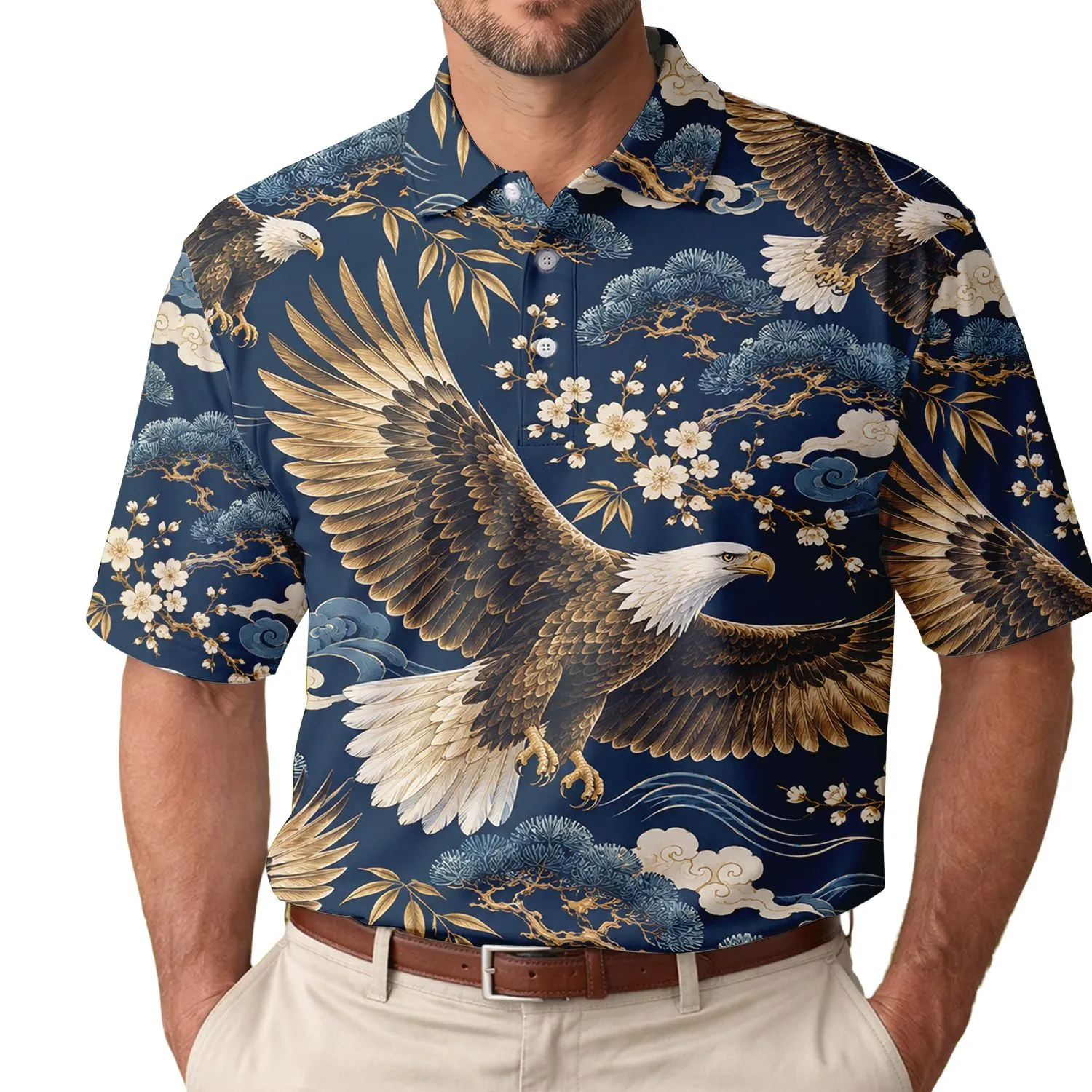 Bald Eagle Aloha Style for Patriotic Summer Adventures and Coastal Getaways Outdoors Men's Polo Shirt - 1