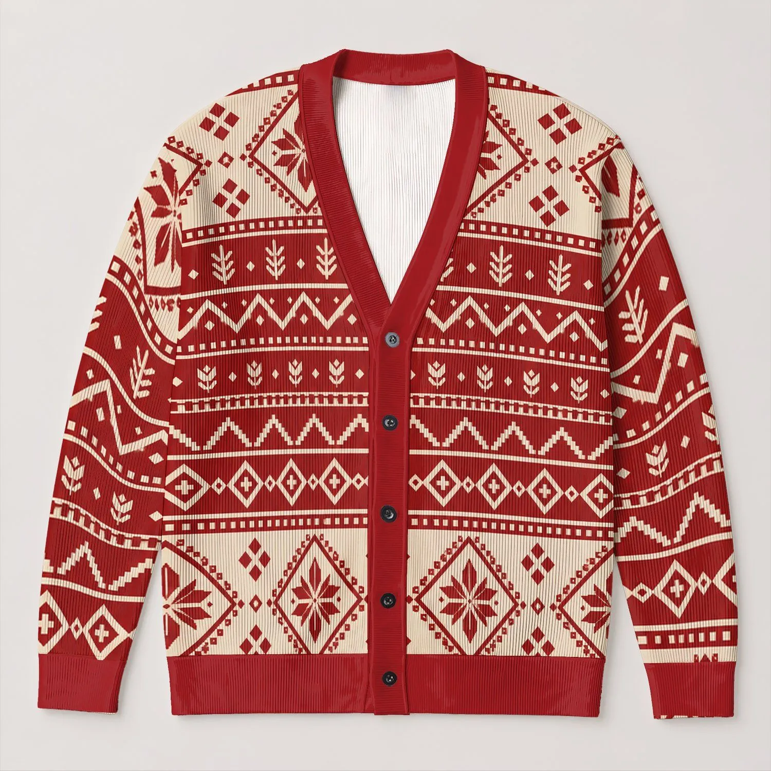 Nordic Red And Cream Geometric Bands For Cozy Everyday Layering And Weekend Wear All-over Print Knitted Cardigan - 1