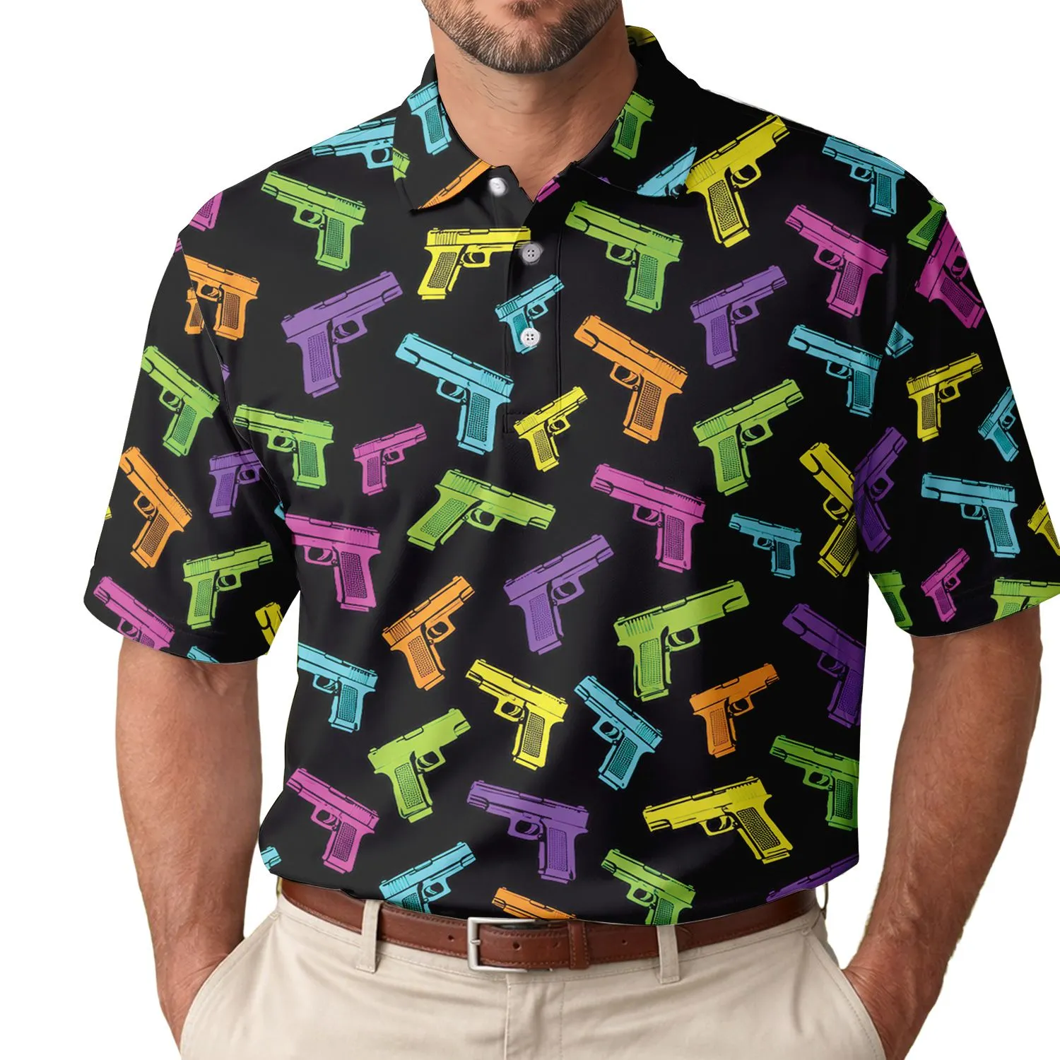 Neon Pistol Motif for Golf Outings, Colorful Fairway Style Gift Choice for Women Men's Polo Shirt - 1