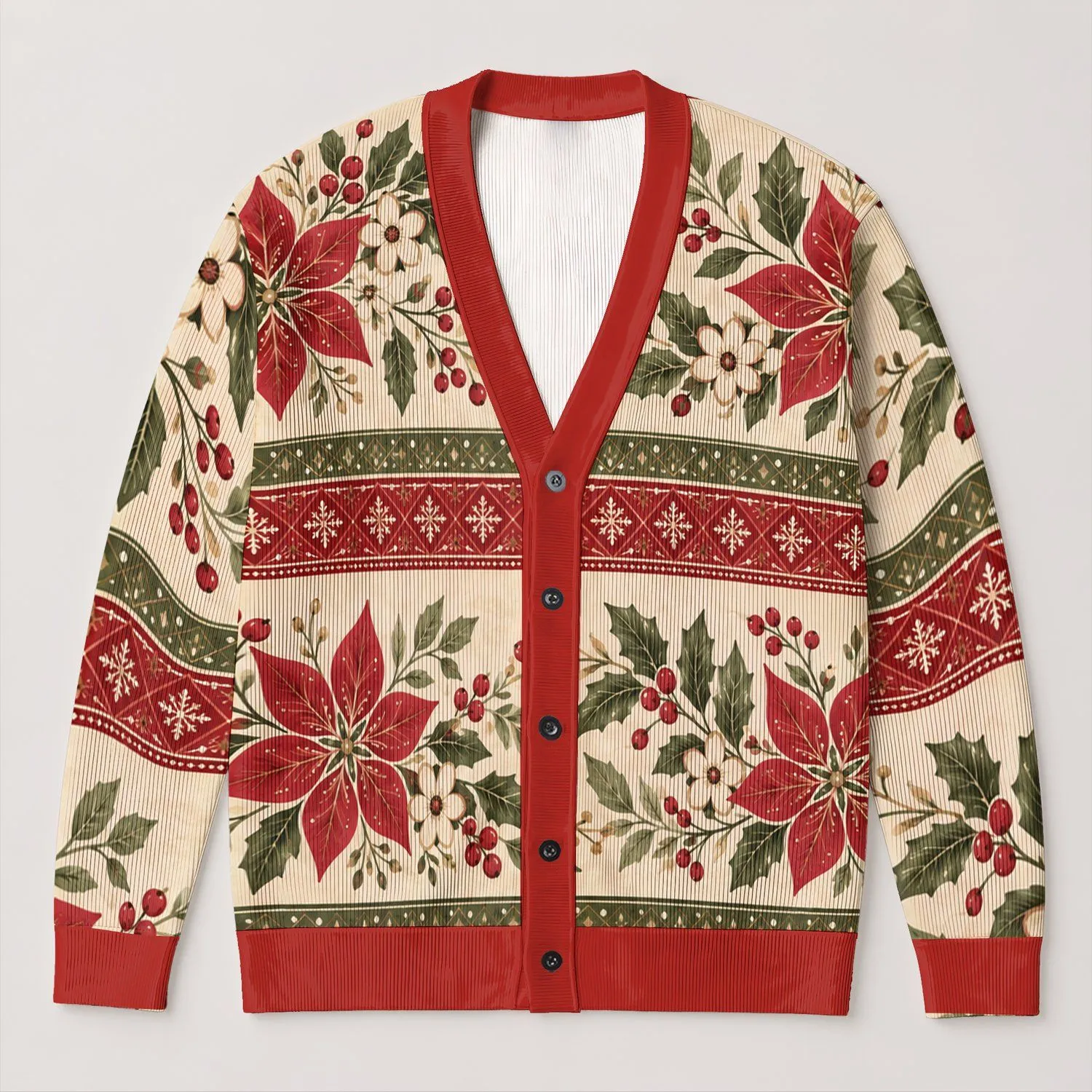 Red Green Floral Snowflake Holiday Style for Cozy Everyday Layering, Women's Winter Wear All-over Print Knitted Cardigan - 1