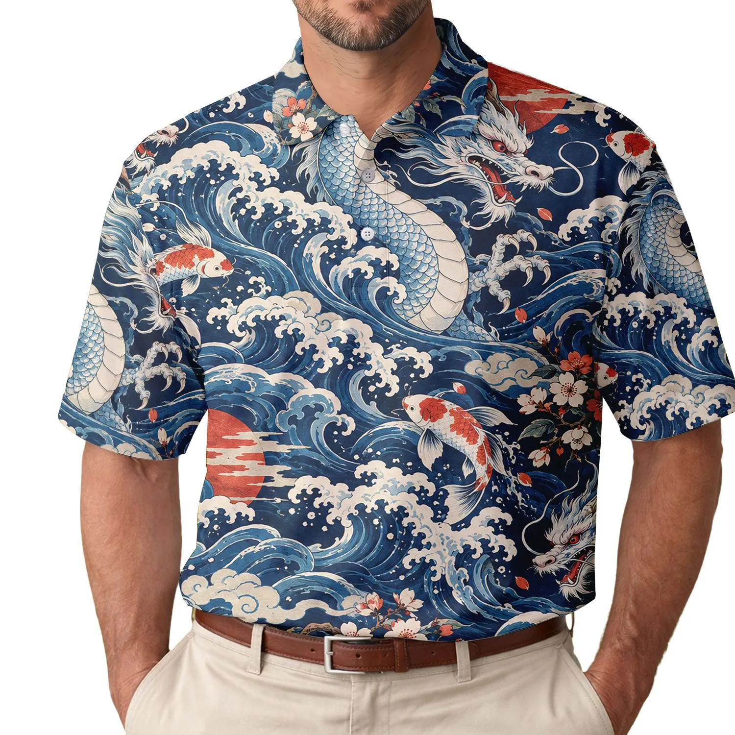 Japanese Dragon Koi Waves for Tropical Summer Escapes and Ocean-Loving Travelers Men's Polo Shirt - 1