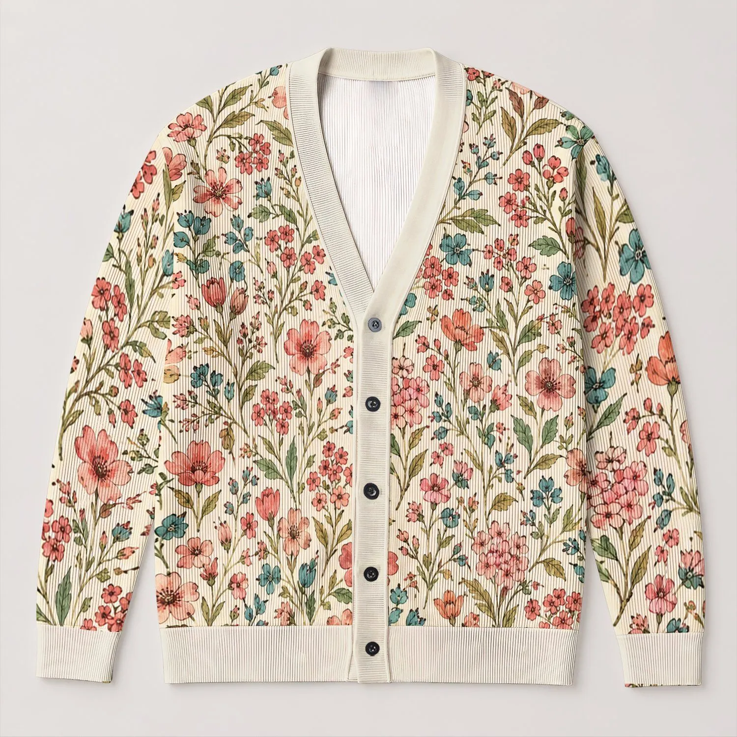 Coral Teal Wildflower Garden for Relaxed Weekend Layering and Gentle Forest Style All-over Print Knitted Cardigan - 1