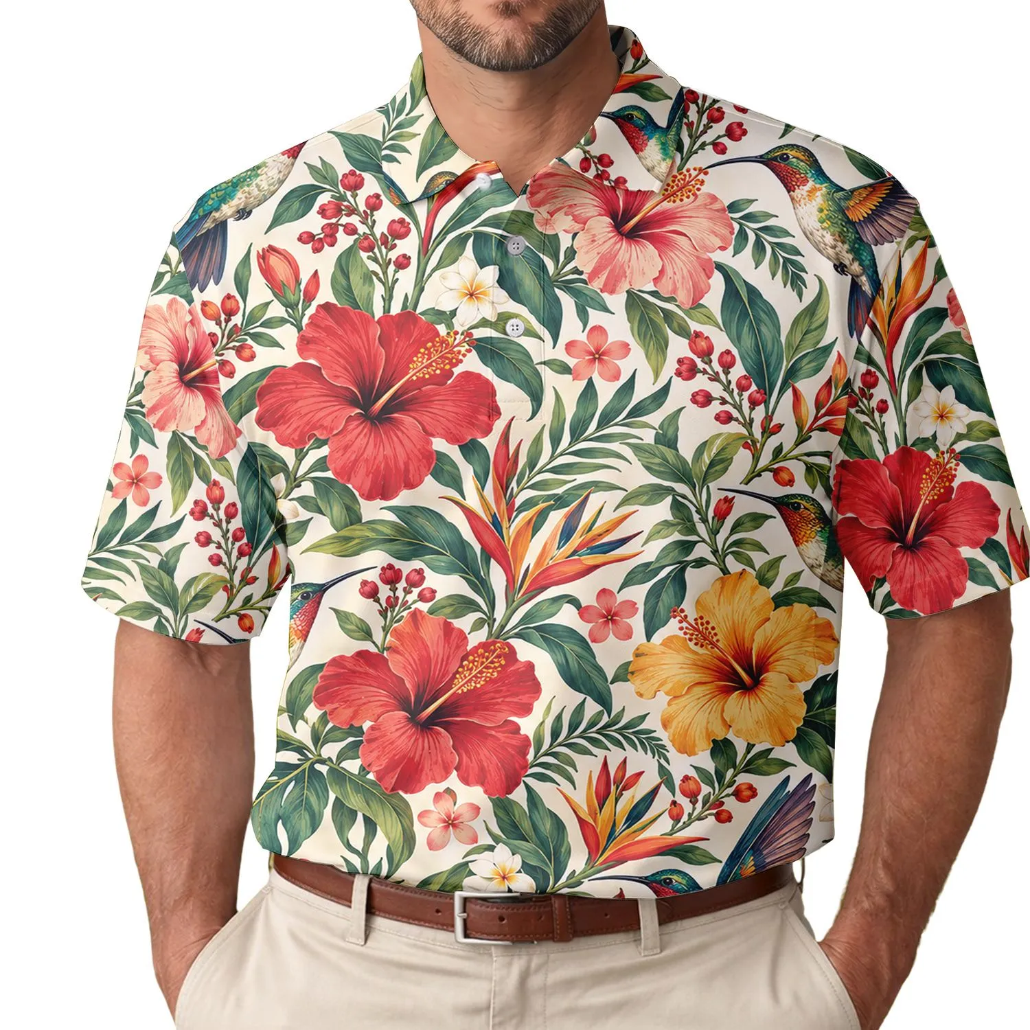 Colorful Hummingbird Tropical Flowers for Beach Vacations and Summer Getaways Men's Polo Shirt - 1