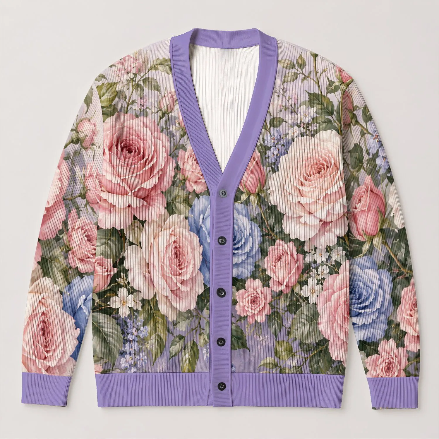 Pink And Blue Rose Garden Motif For Romantic Everyday Layering And Feminine Style All-over Print Knitted Cardigan - 1
