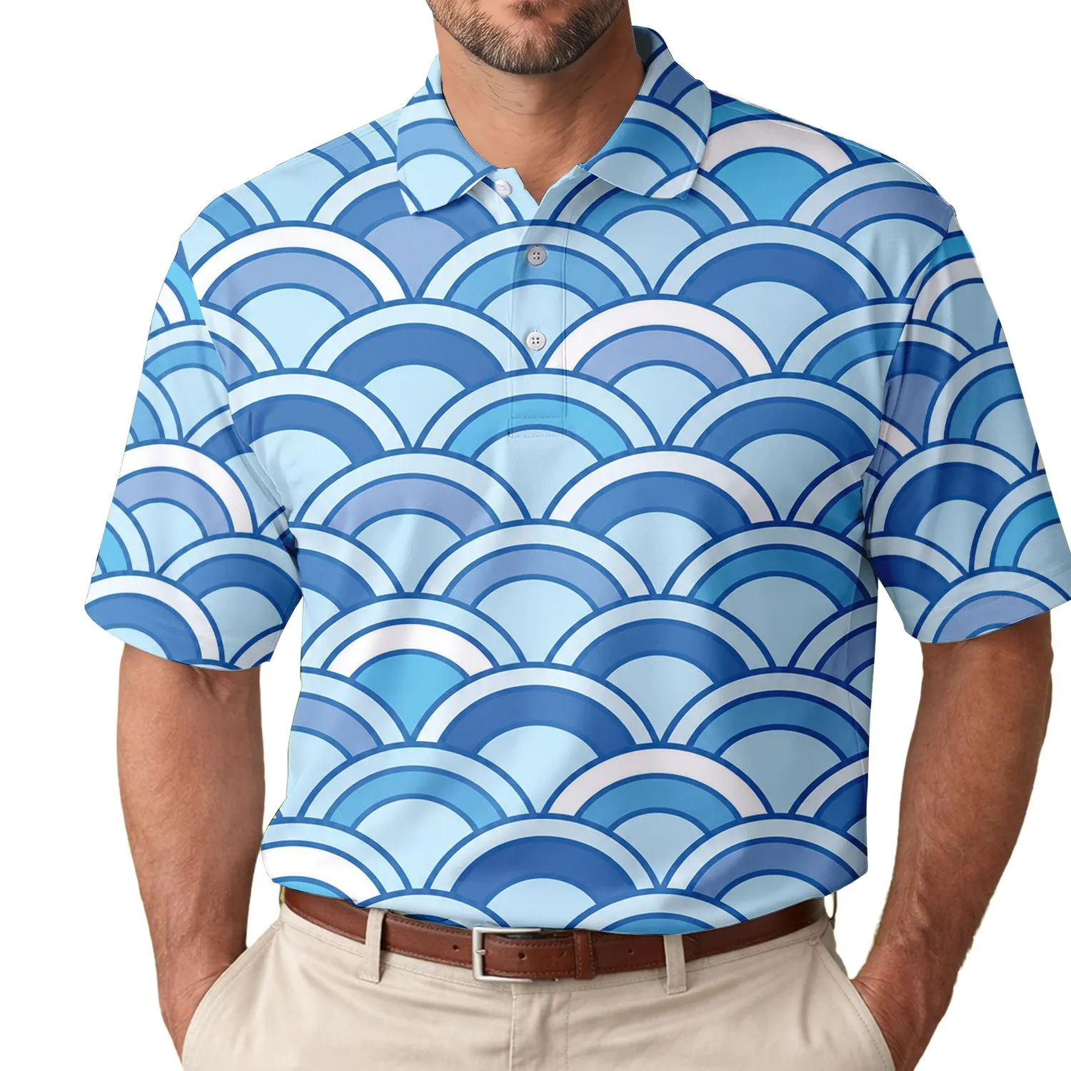 Blue Scallop Wave Motif For Golf Days And Coastal Sport Supporters, Modern Style Men's Polo Shirt - 1