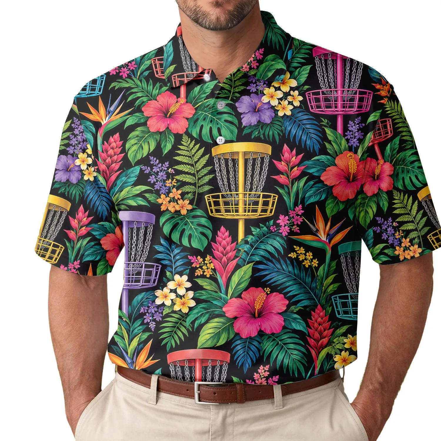 Colorful Disc Golf Baskets and Wildflowers for Weekend Fairway Fun and Dad Gifts Men's Polo Shirt - 1