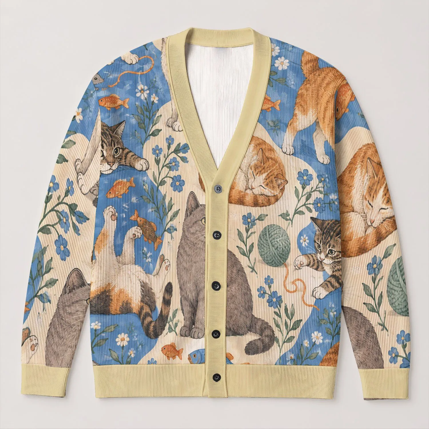 Playful Cat and Fish Motifs for Relaxed Outings, Casual Dates, and Everyday Style All-over Print Knitted Cardigan - 1