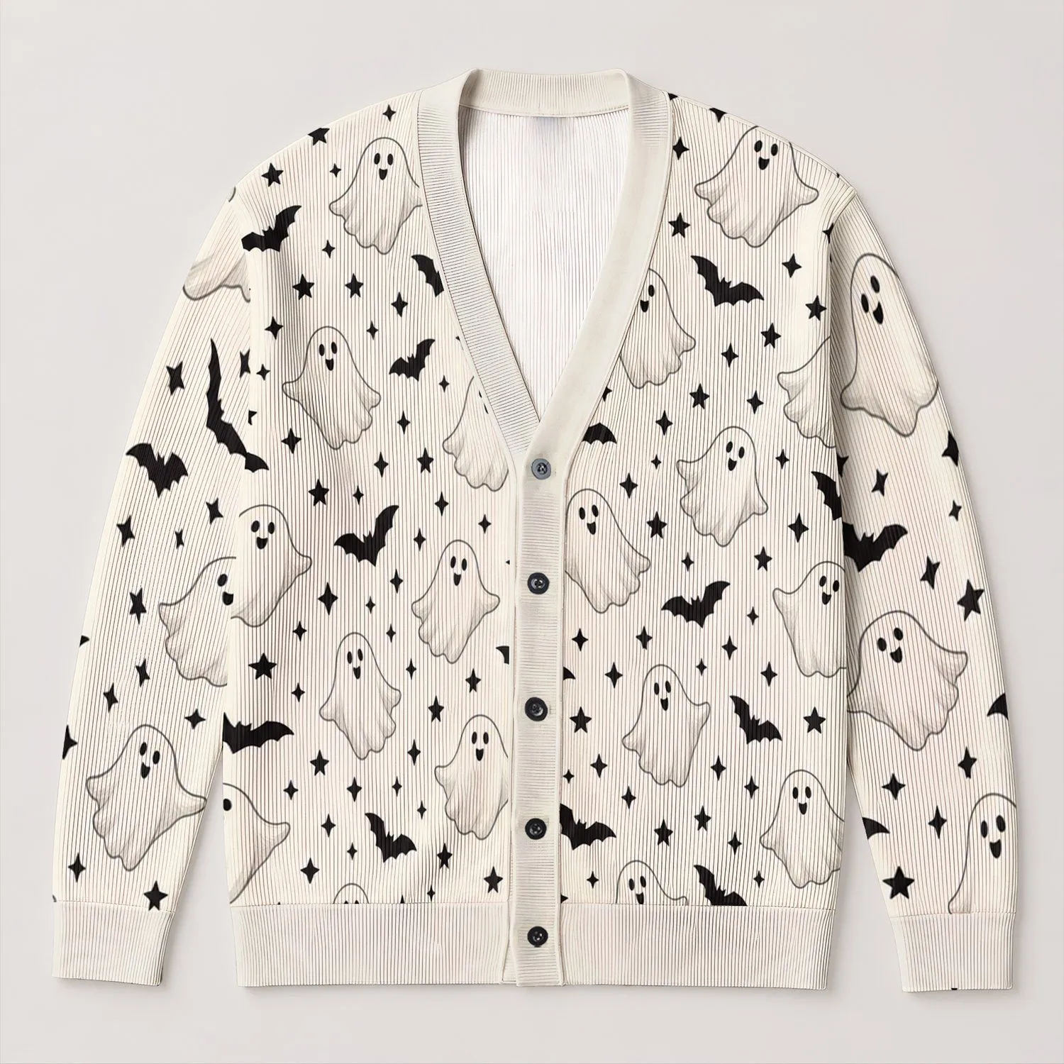 Ghost Bat Halloween Style for Cozy Outings and Everyday Layering for Women, Cute Seasonal All-over Print Knitted Cardigan - 1