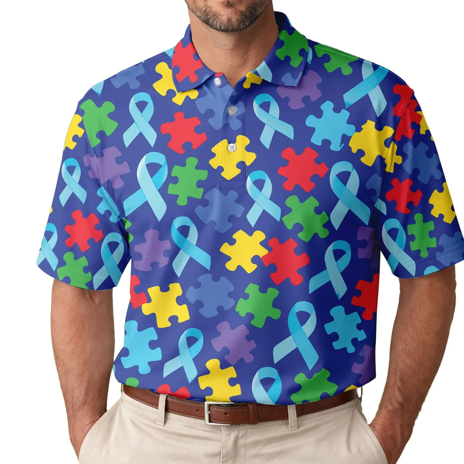 Autism Puzzle Ribbon Awareness Golf Style For Supporters And Survivor Events Gift Men's Polo Shirt - 1