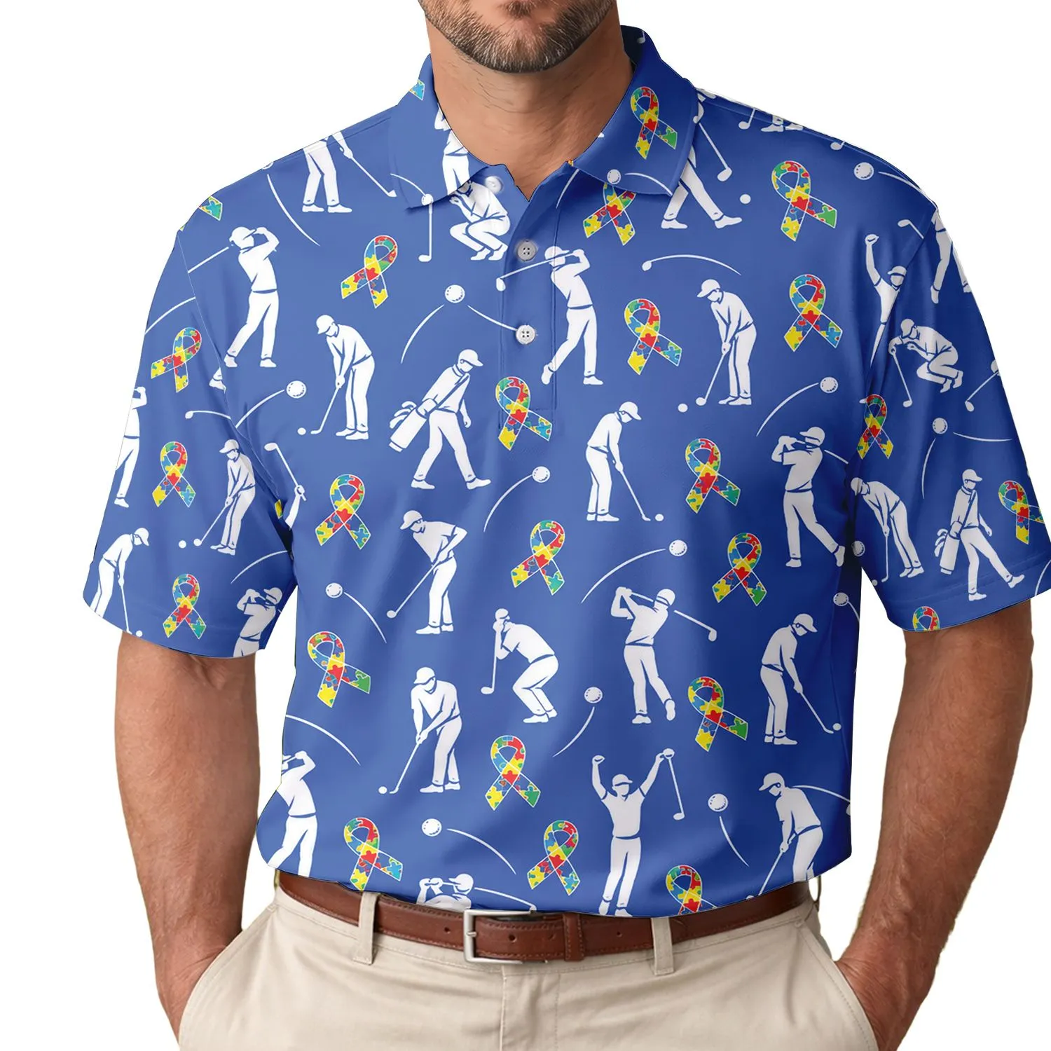 Blue Autism Awareness Golfers With Colorful Ribbons For Charity Tournaments And Fans Men's Polo Shirt - 1