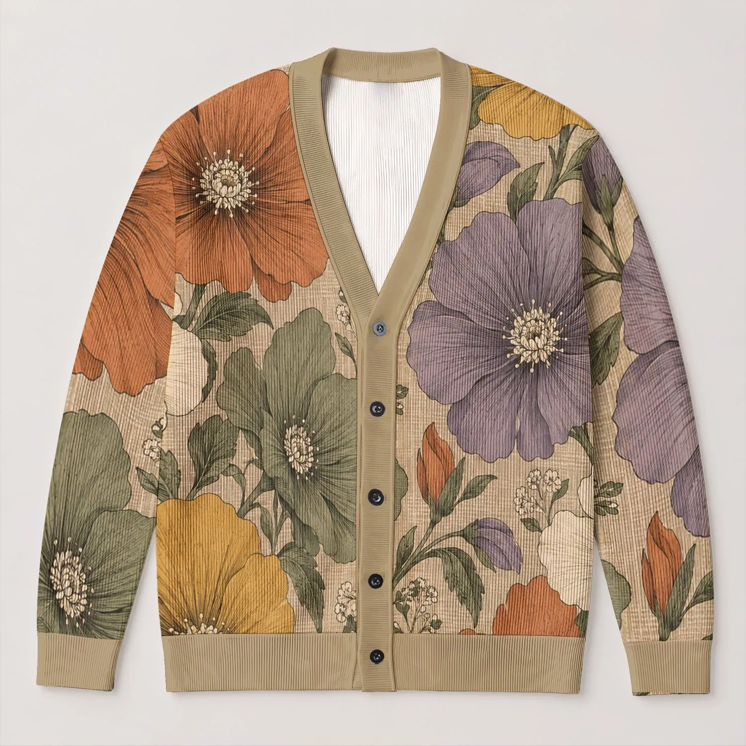 Autumn Floral Oatmeal Botanical Style for Everyday Layering and Relaxed Weekend Outings All-over Print Knitted Cardigan - 1