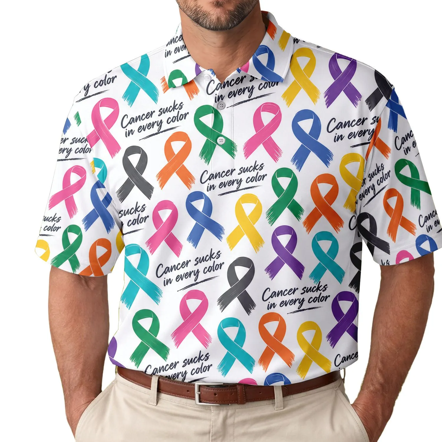 Multicolor Awareness Ribbons for Cancer Support Golf Day, Survivor and Family Gift Wear Men's Polo Shirt - 1