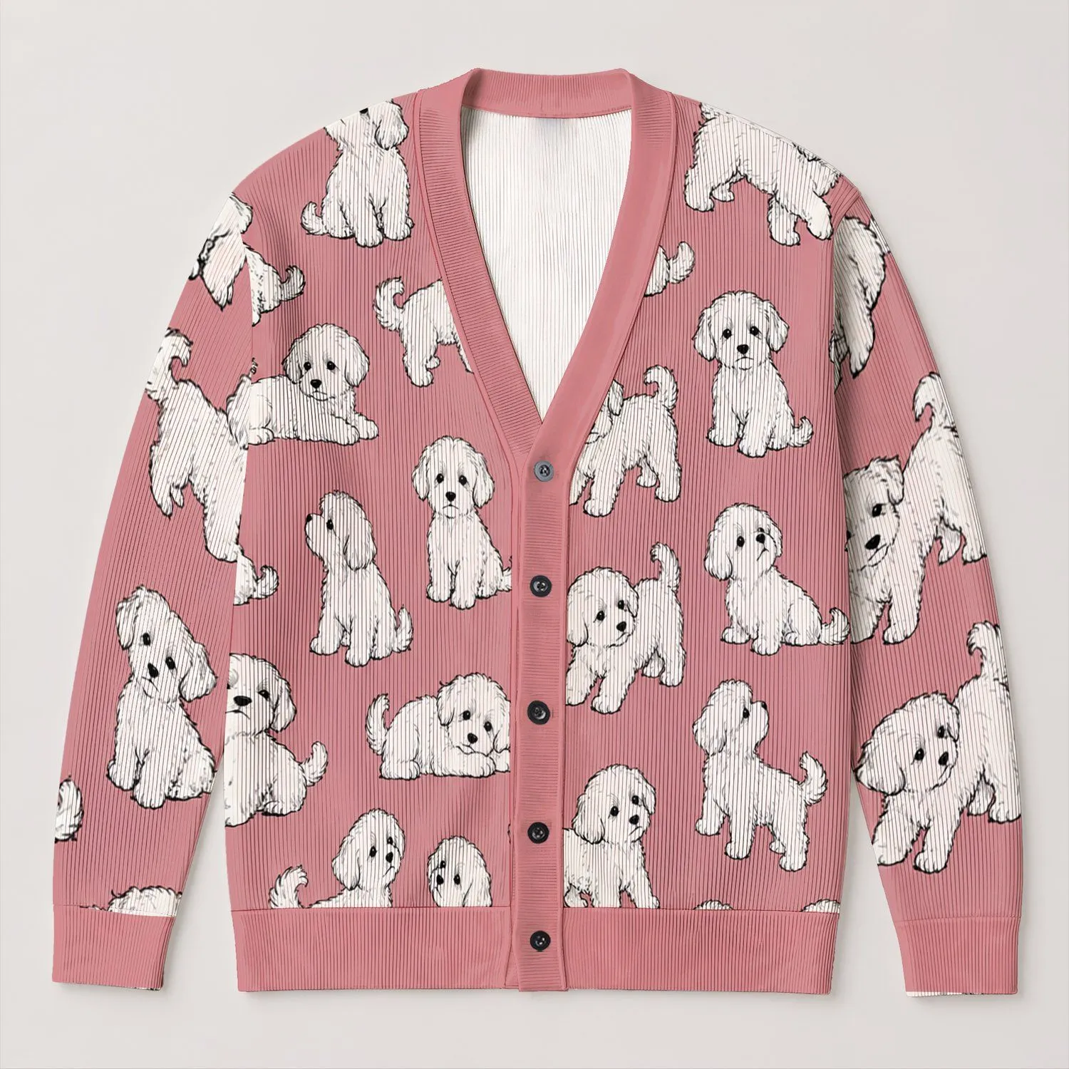 White Puppy Motifs for Cozy Autumn Layering and Everyday Pet Lover Weekend Style All-over Print Knitted Cardigan - 1