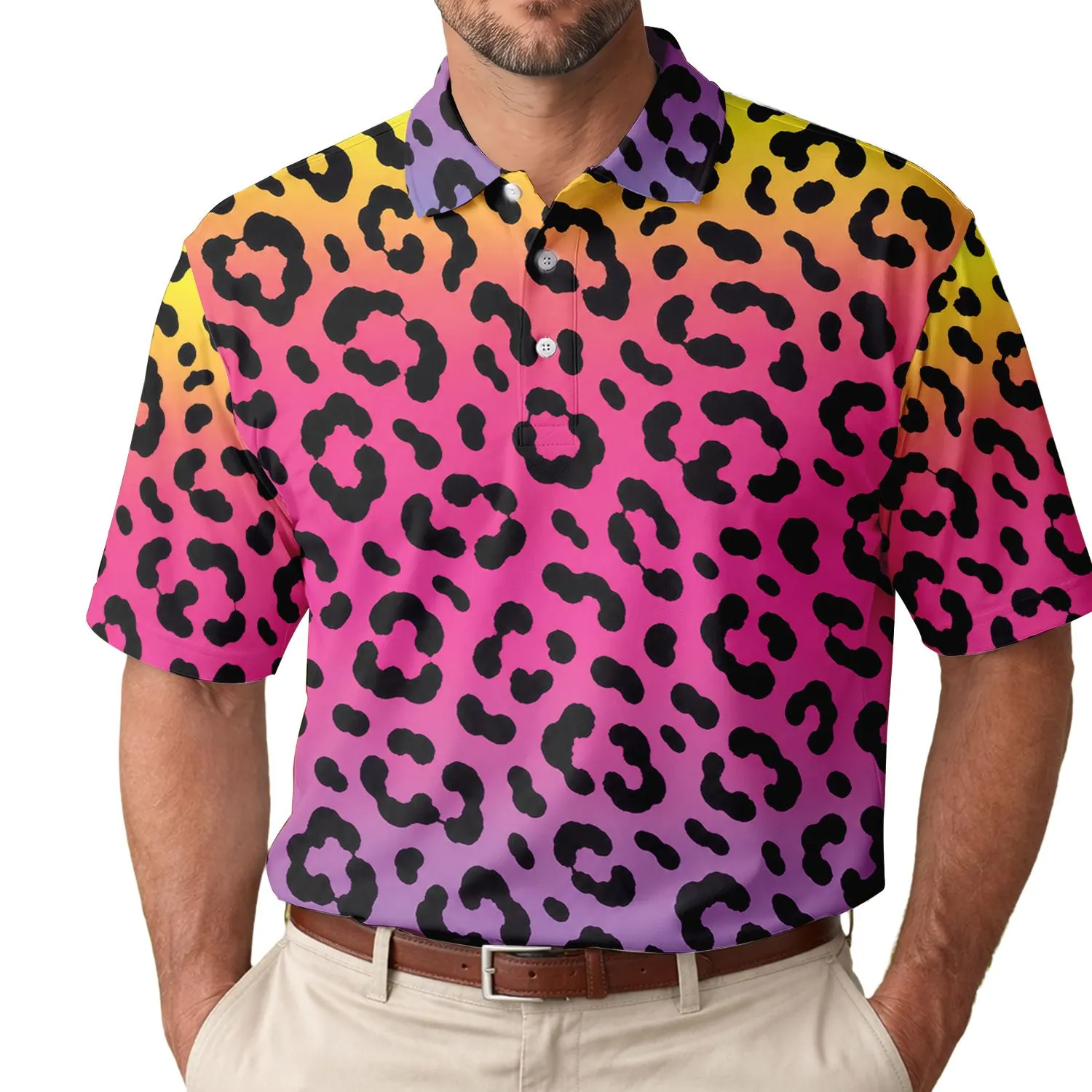 Neon Rainbow Leopard Spots for Women's Golf, Travel, and Bright Resort Weekend Escapes Men's Polo Shirt - 1