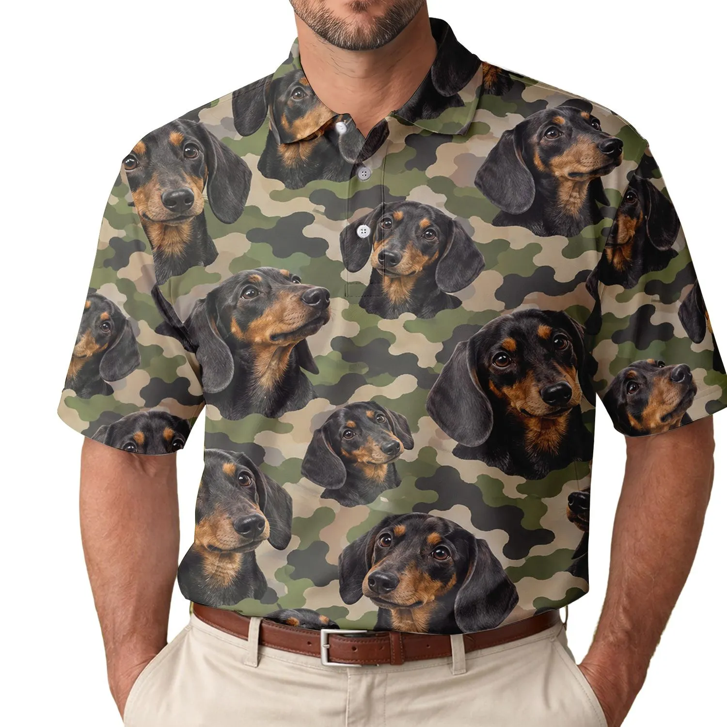 Dachshund Camo Puppy Motif for Golf Days, Outdoor Adventures, and Weekend Dog Lovers Men's Polo Shirt - 1