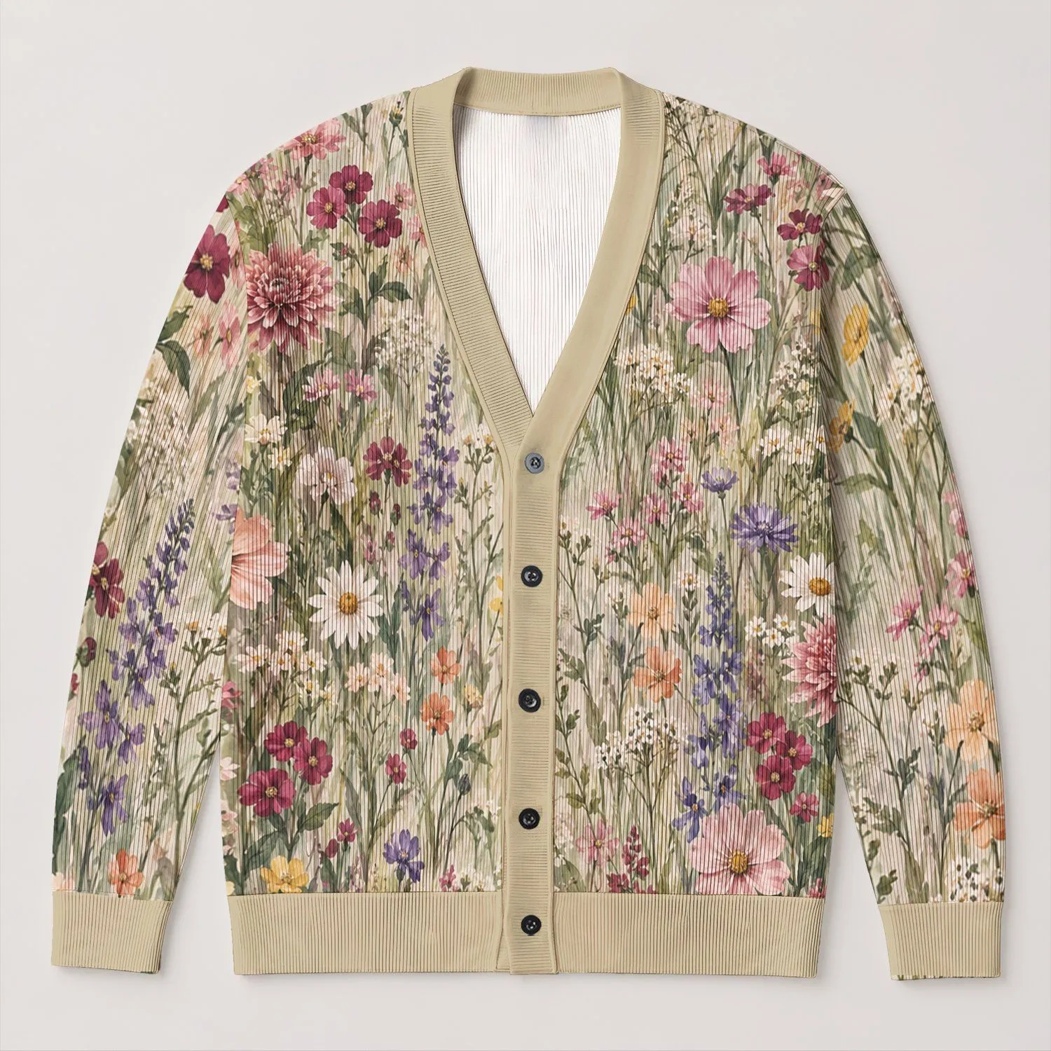 Pastel Wildflower Meadow Blooms for Relaxed Everyday Layering and Spring Outings All-over Print Knitted Cardigan - 1