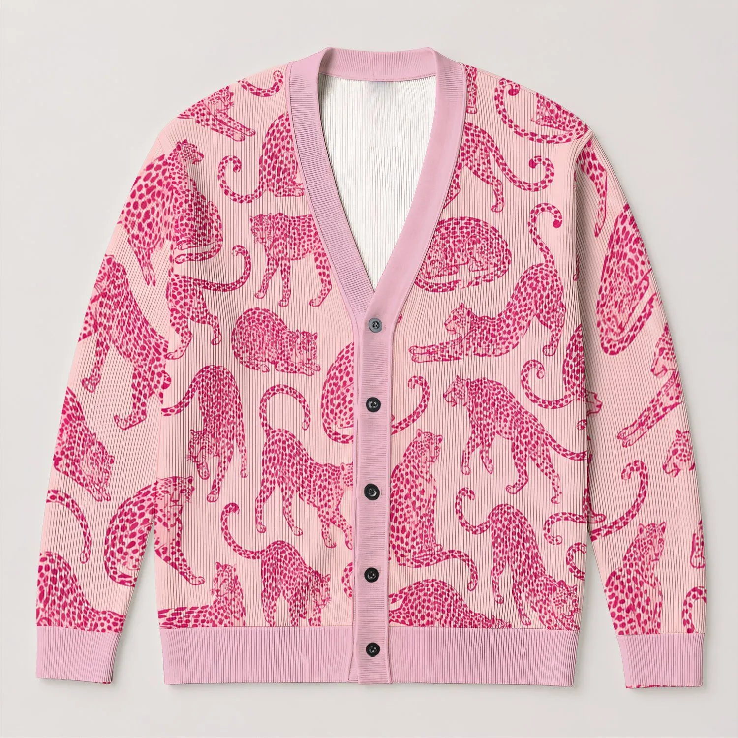 Pink Leopard Lounge Style for Cozy Autumn Evenings and Relaxed Everyday Wear At Home All-over Print Knitted Cardigan - 1