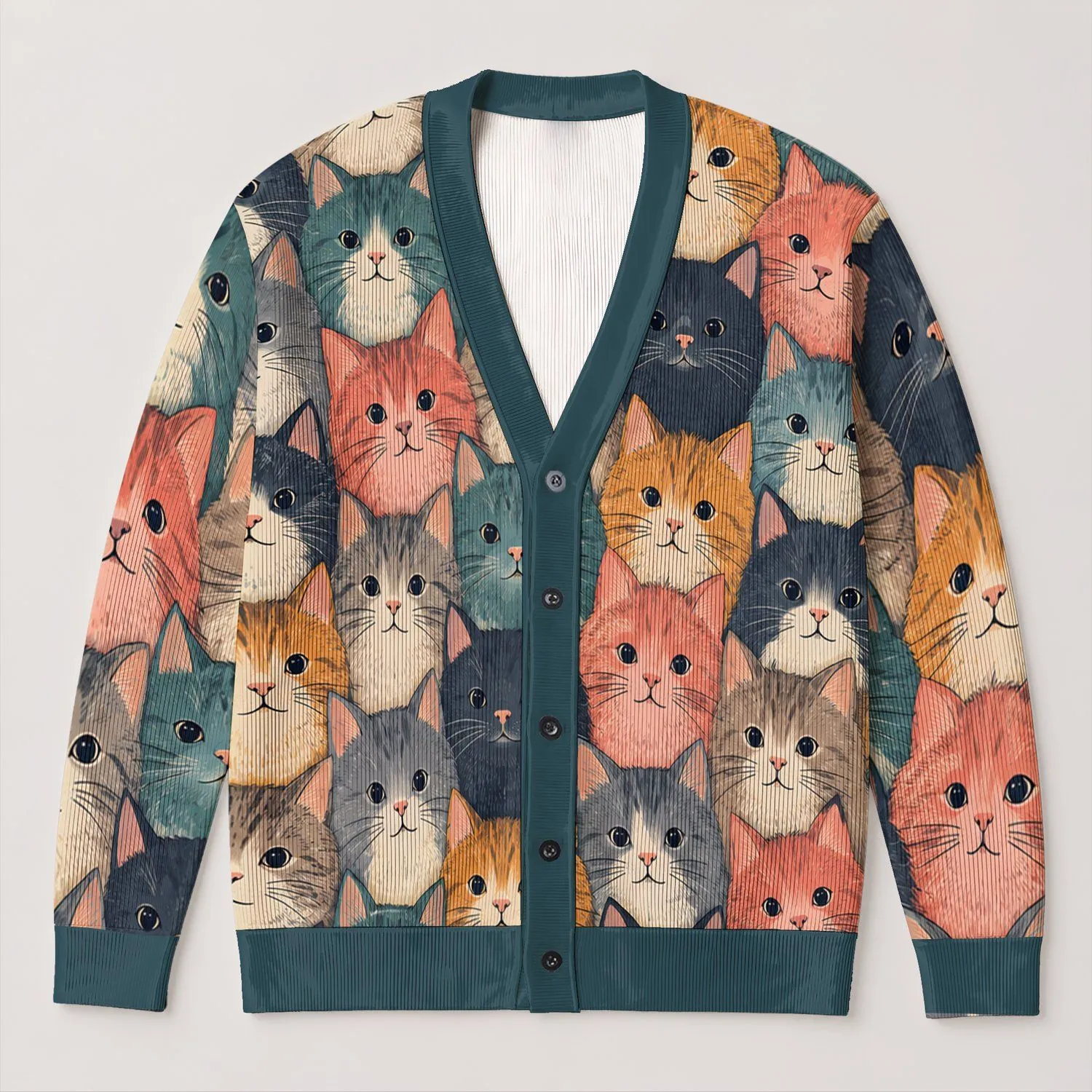 Colorful Cat Faces for Cozy Autumn Layering, Cute Feline Style for Women and Cat Lovers All-over Print Knitted Cardigan - 1
