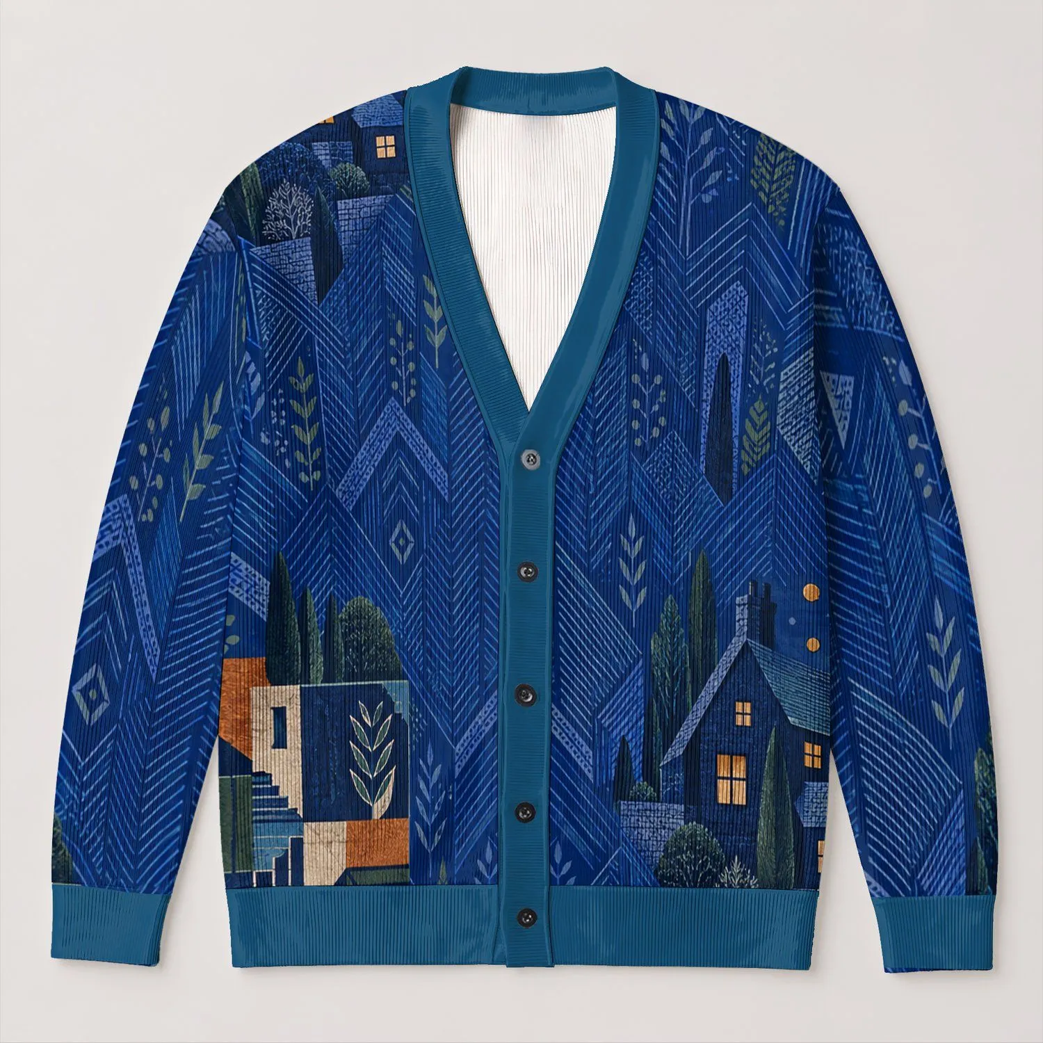Midnight Blue House Windows And Geometric Accents For Cozy Everyday Layering All-over Print Knitted Cardigan - 1