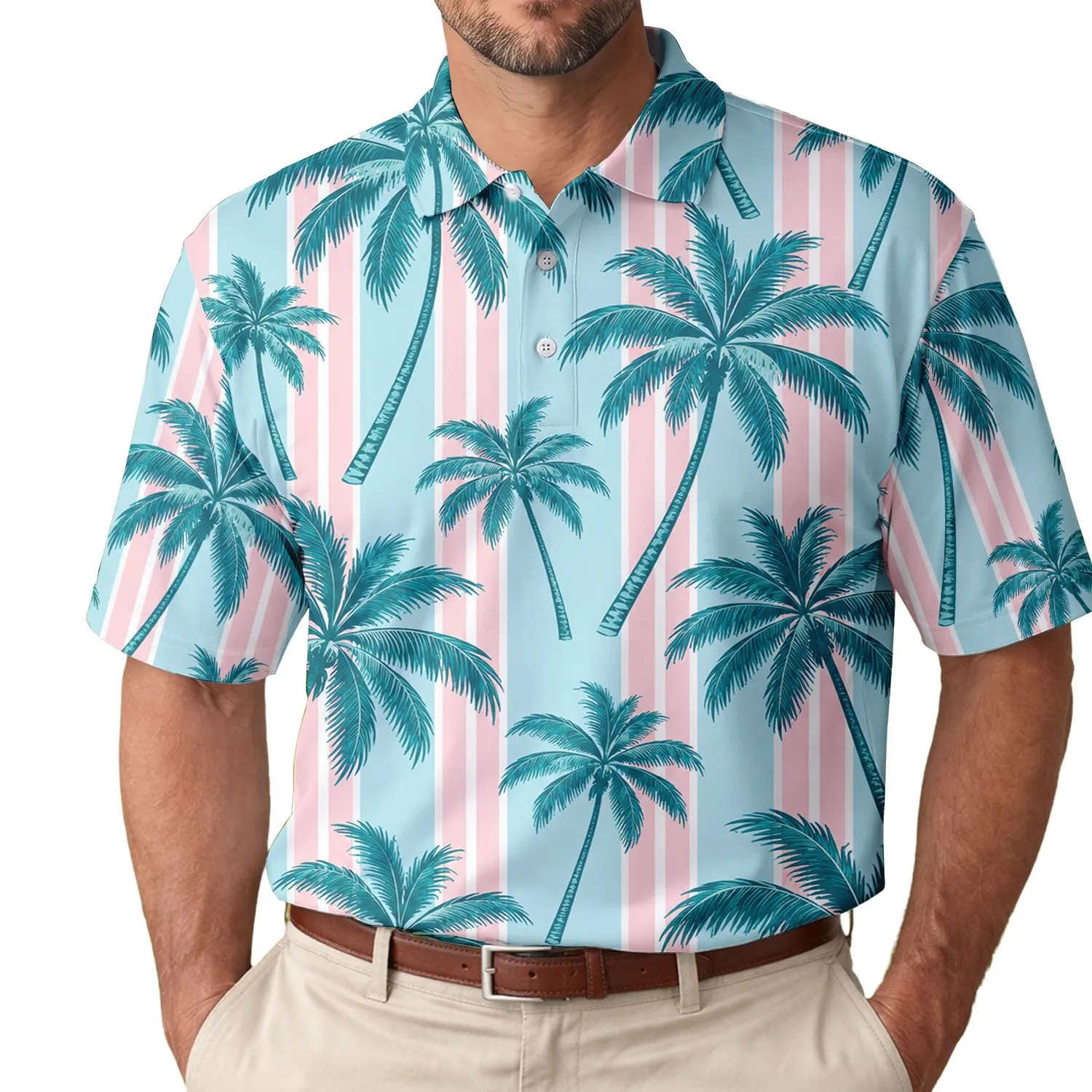 Pink Palm Stripes For Tropical Golf Days And Resort Escapes, Women's Coastal Style Men's Polo Shirt - 1