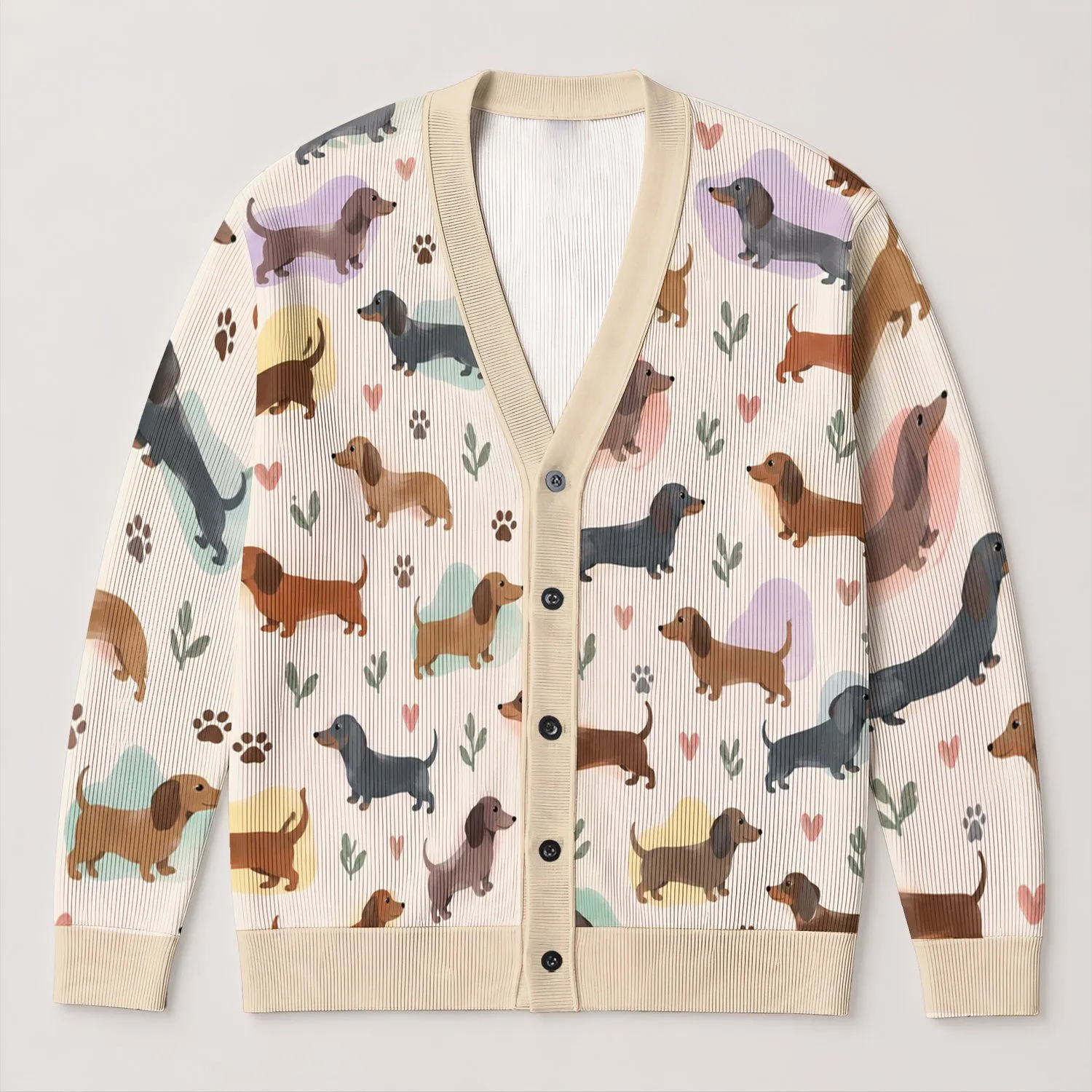 Colorful Dachshund Dogs for Cozy Autumn Layers and Easy Everyday Weekend Streetwear All-over Print Knitted Cardigan - 1