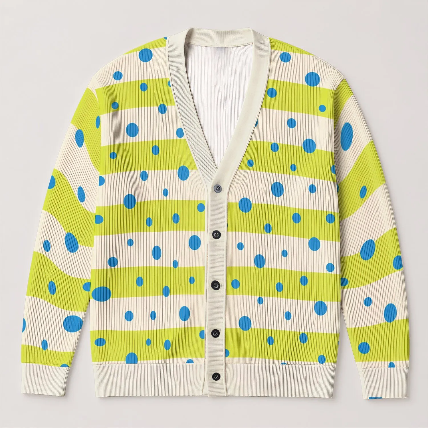 Blue Polka Dots and Lime Stripes for Bright Everyday Layering and Casual Weekend Style All-over Print Knitted Cardigan - 1
