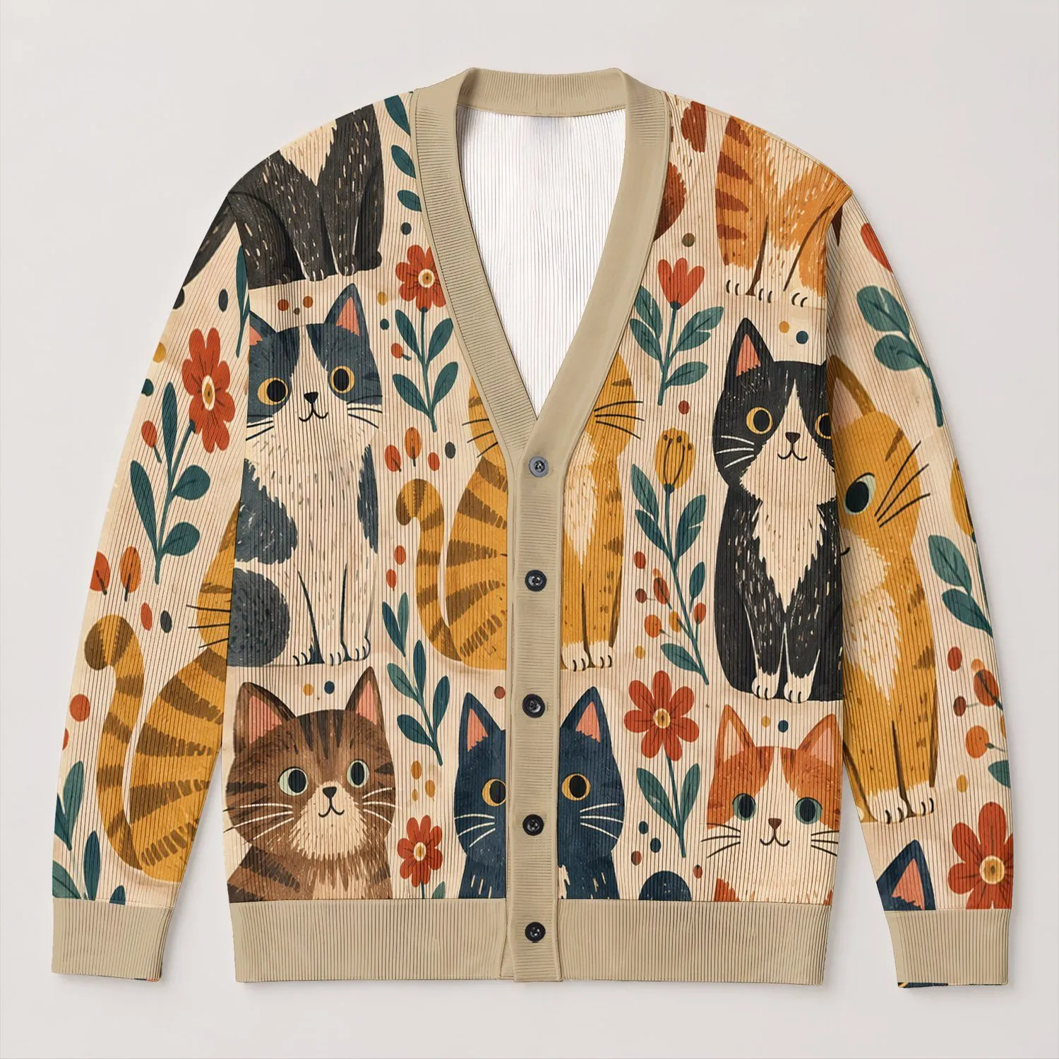 Nine Cat Portraits In Folk Colors For Cozy Everyday Layering And Playful Women's Style All-over Print Knitted Cardigan - 1
