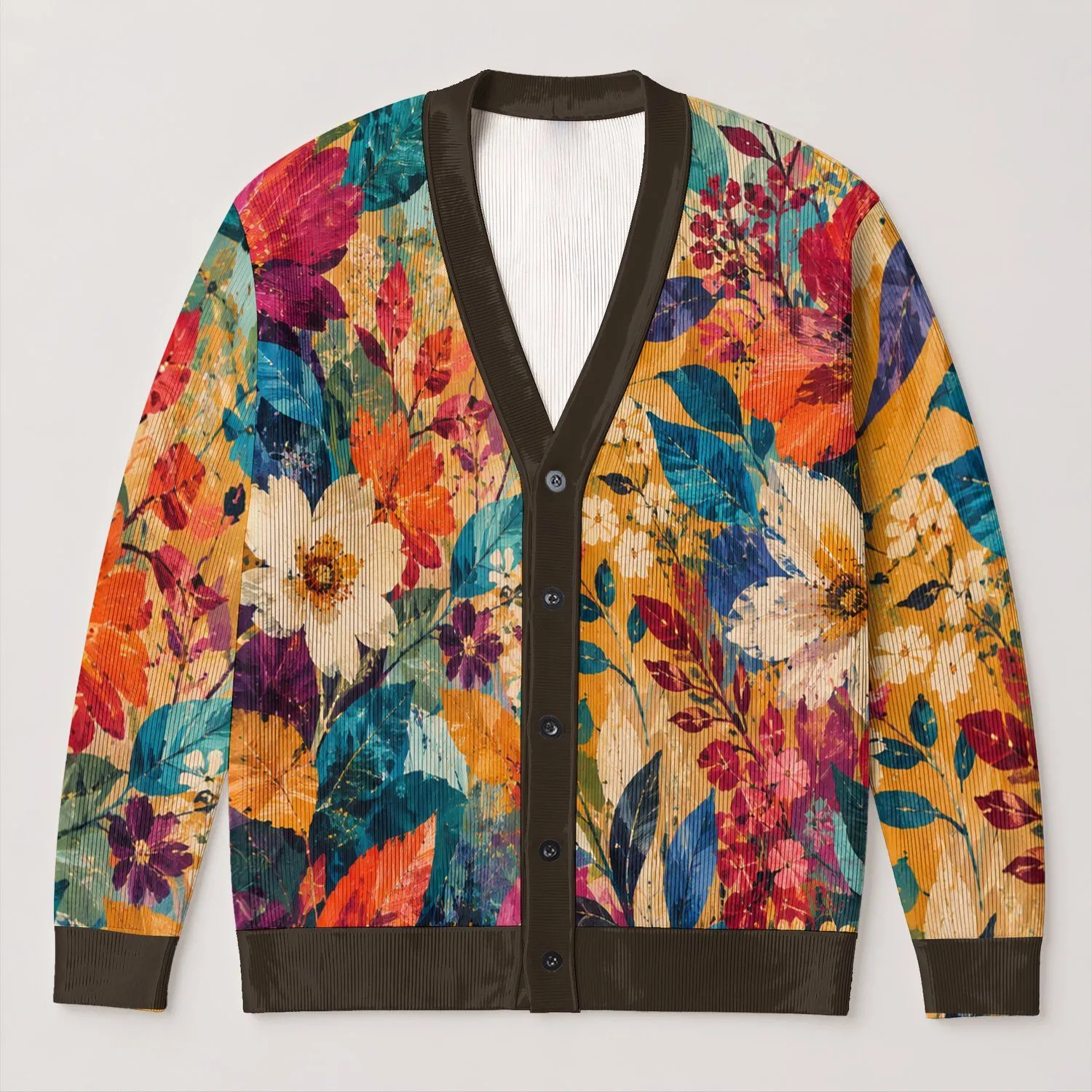 Vibrant Abstract Floral Collage for Colorful Autumn Layering and Everyday Boho Style All-over Print Knitted Cardigan - 1