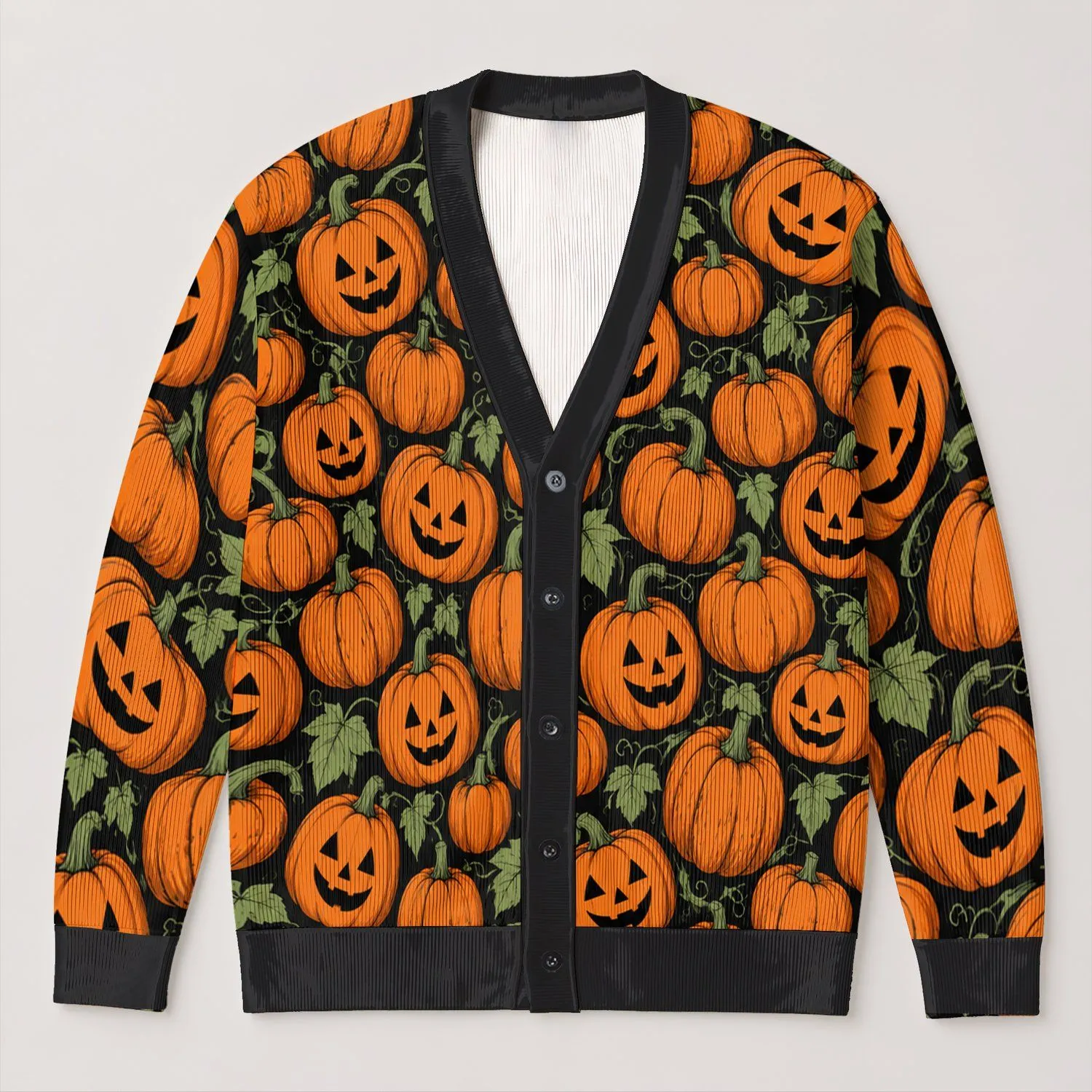 Pumpkin Jack-O'-Lanterns for Cozy Fall Gatherings and Halloween Weekends Outdoors All-over Print Knitted Cardigan - 1