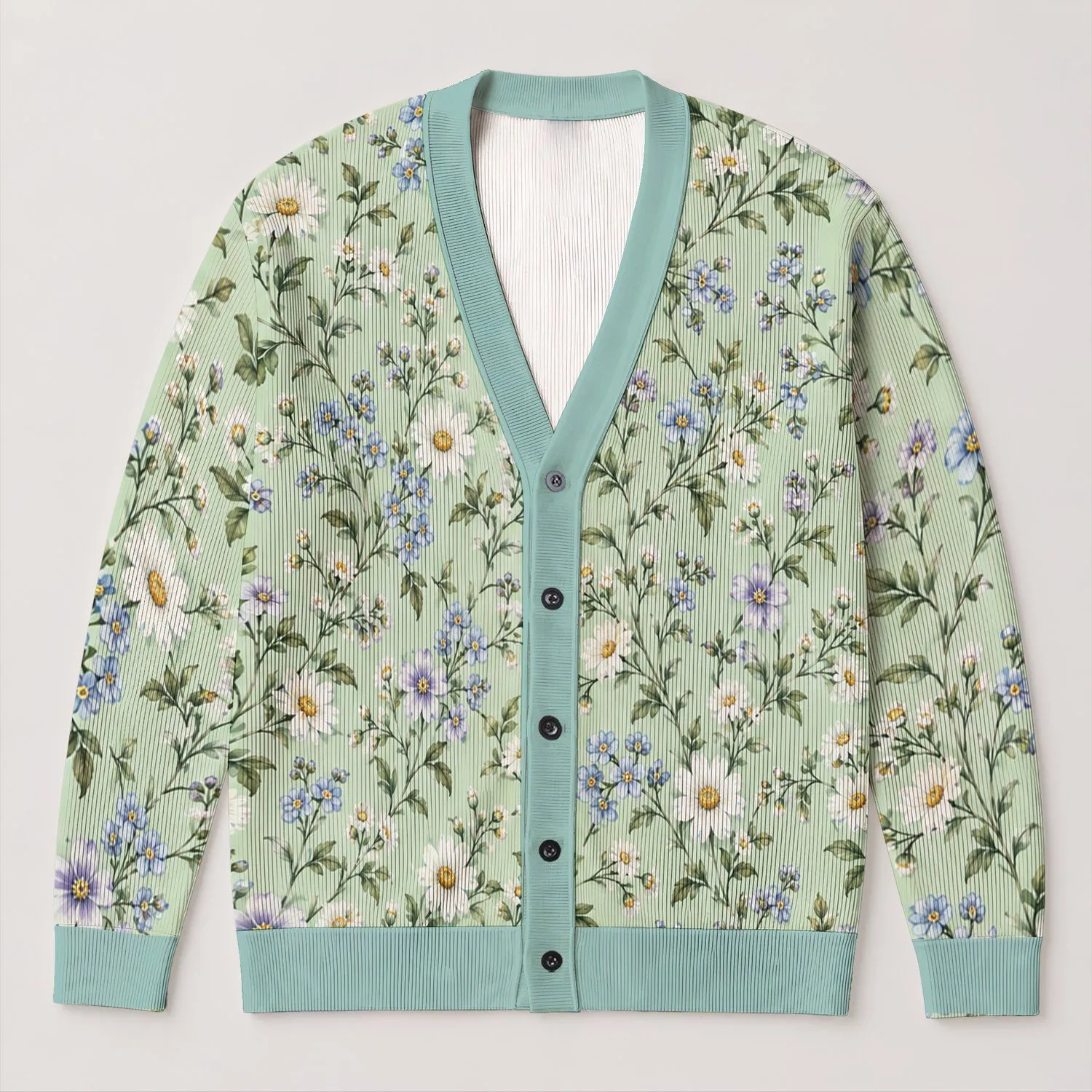 Fresh Mint Daisy Botanical Blooms for Relaxed Autumn Layering, Women's Everyday Style All-over Print Knitted Cardigan - 1